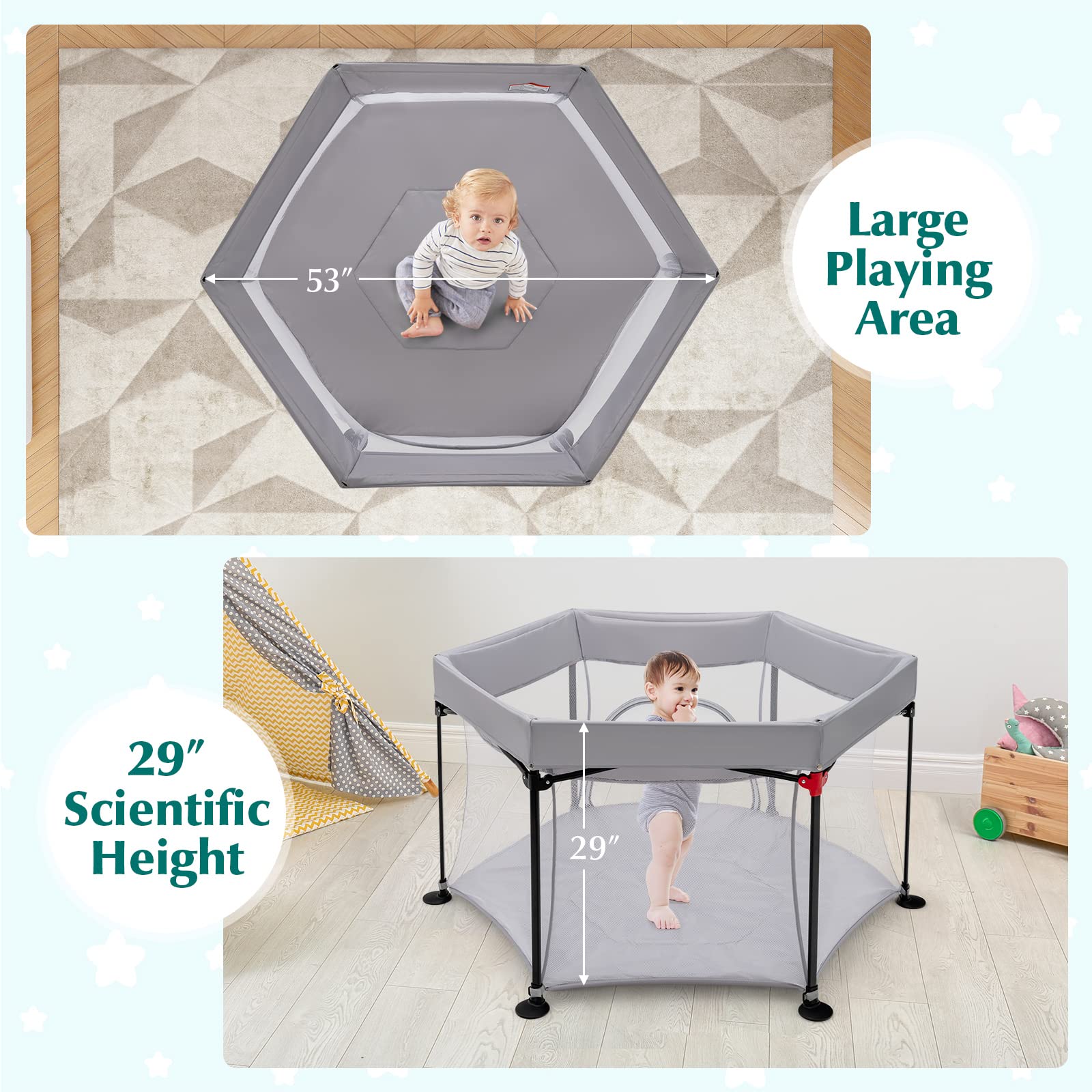 BABY JOY 53'' Portable Baby Playpen – Large Foldable Play Yard for Infants & Toddlers with UV Canopy, Padded Mat & Carry Bag | Indoor Outdoor Use for Home, Beach, Park & Backyard (Grey)