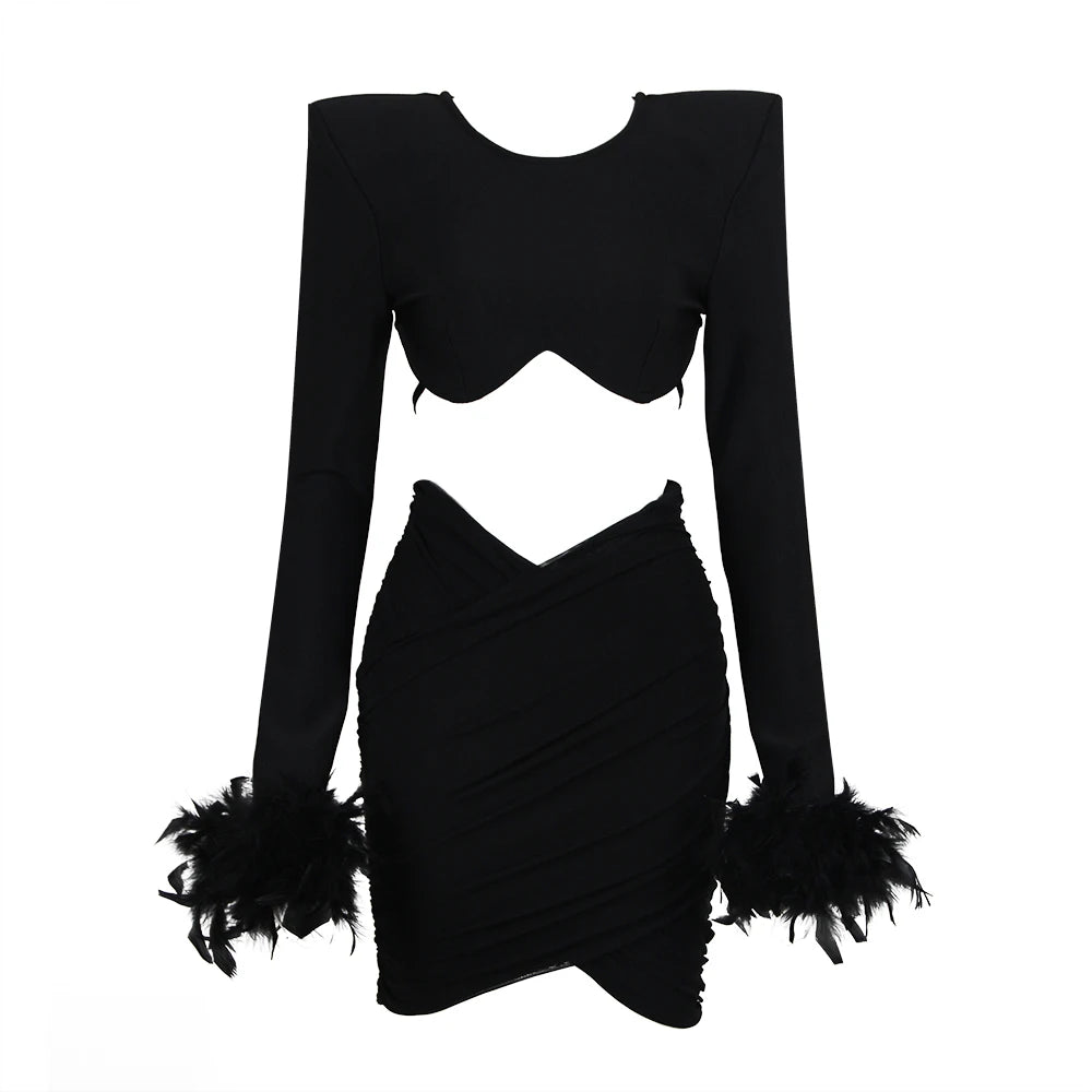 Black & White Winter Women's Long Sleeve Feather Trim Sexy Waist Cutout Bodycon Mini Dress - Rayon Stretchy Bandage Clubwear for Night Out & Party