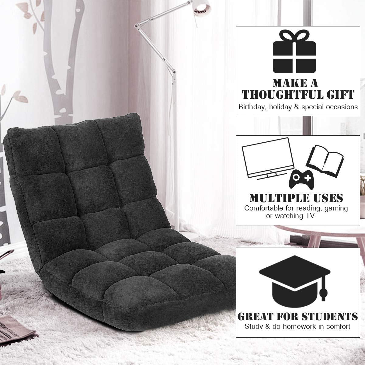 Adjustable 14-Position Folding Floor Chair - Padded Lazy Sofa with Back Support, Ergonomic Gaming & Reading Chair for Home Office - Perfect for Small Spaces, Meditation, and Relaxing