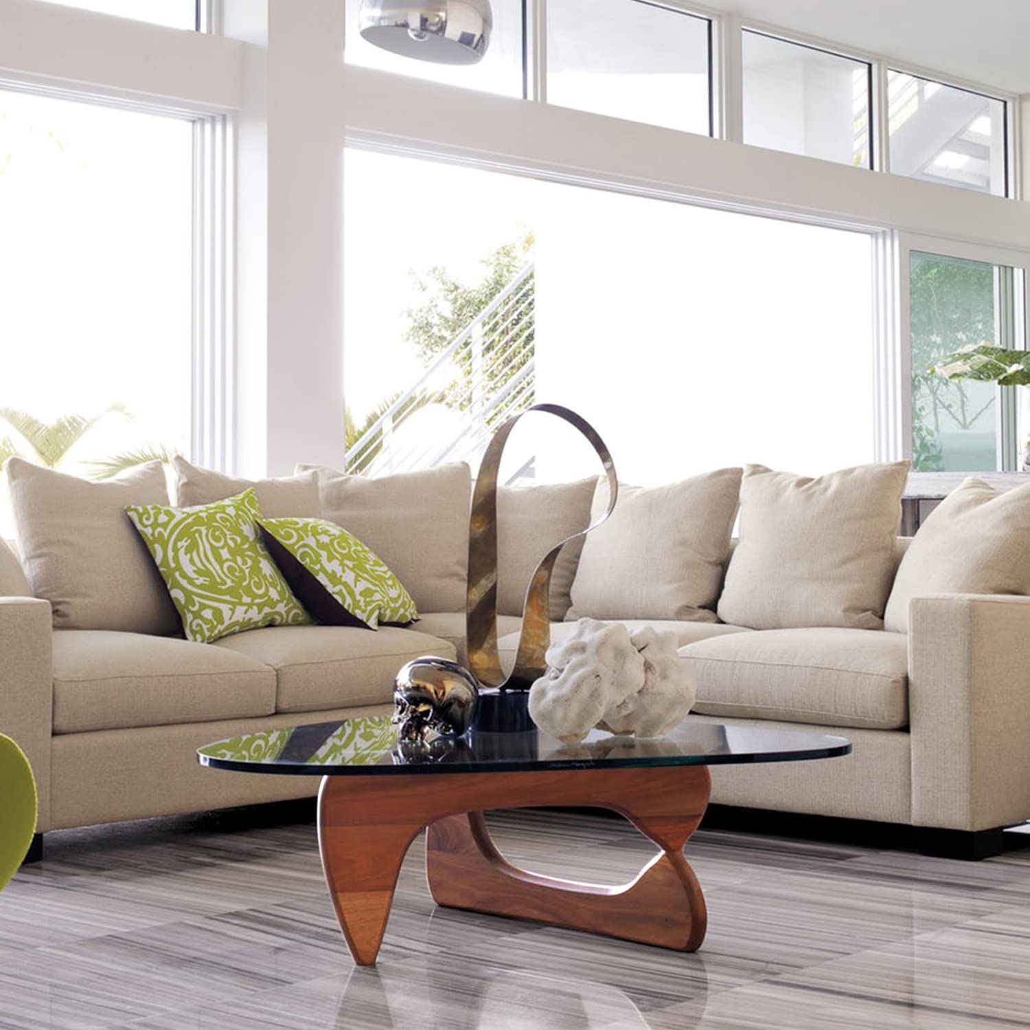 Modern Noguchi Style Triangle Glass Coffee Table - Vintage Wood & Clear Glass End Table with Solid Wood Base - Dark Walnut Accent Table for Living Room, Patio & Office Decor - Mid-Century Modern Home Furniture for Small Spaces & Apartments