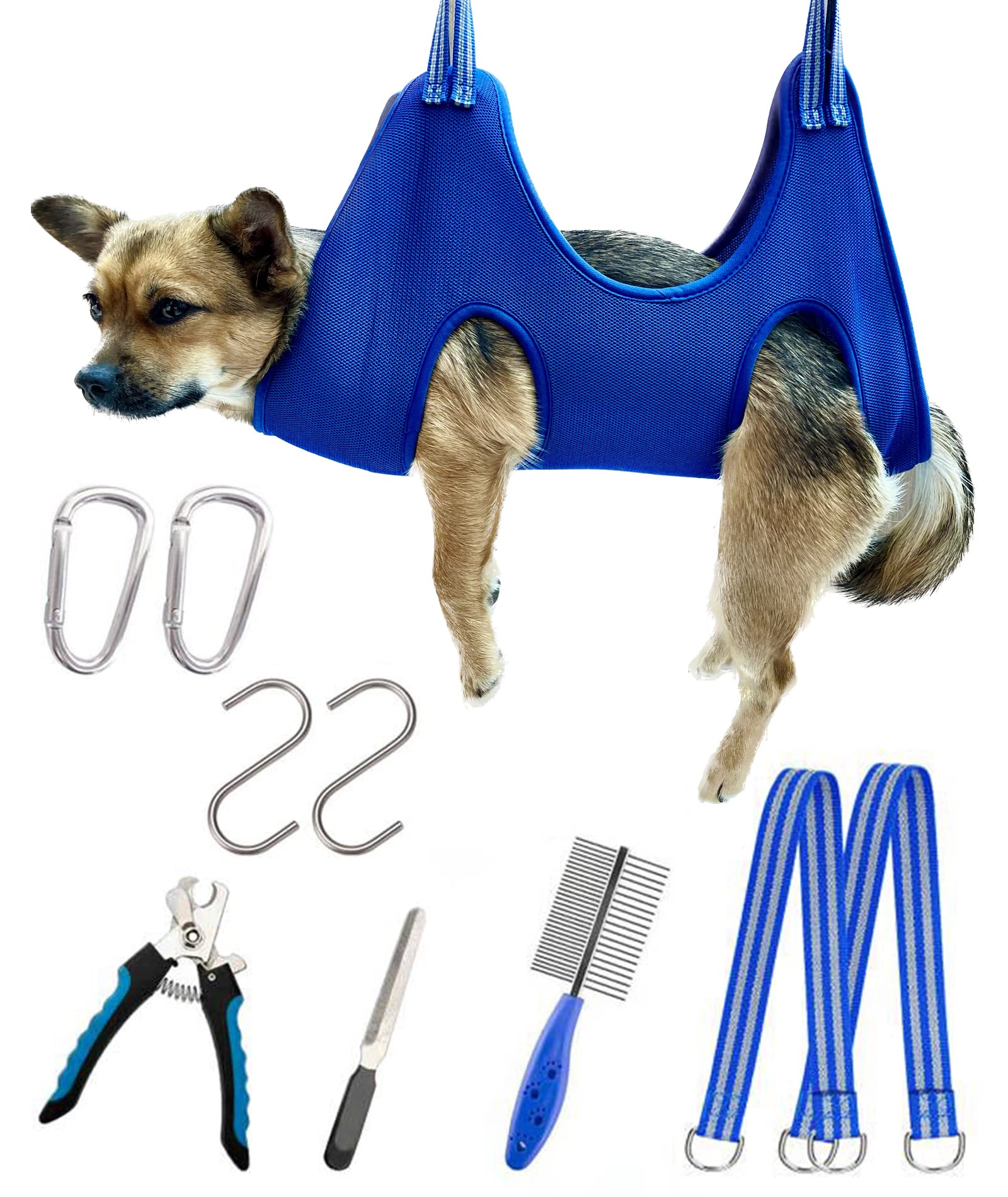10 in 1 Dog Grooming Hammock Harness Kit with Nail Clippers, Trimmer, Nail File & Comb - Safe Pet Grooming Sling for Nail Trimming (Small, Under 30lb, Blue) - Perfect for At-Home Dog Grooming & Stress-Free Nail Care