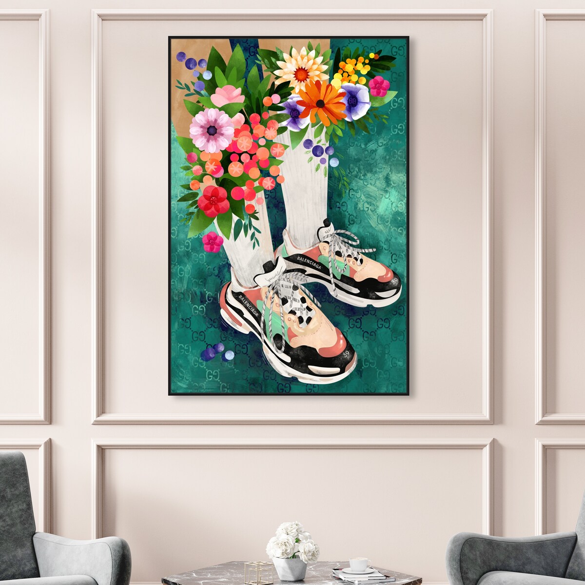 Stylish Floral Sneakers & Socks Set with Modern Green Framed Canvas Wall Art - Perfect for Bedroom Decor and Fashion Outfits | Home & Fashion Combo