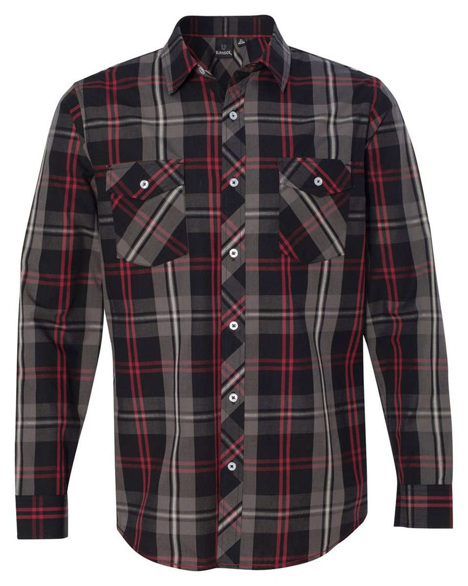 Burnside Men's Long-Sleeve Plaid Flannel Shirt - Red & Black Checkered Casual Button Up for Fall & Winter - Perfect for Outdoor Activities, Workwear & Layering