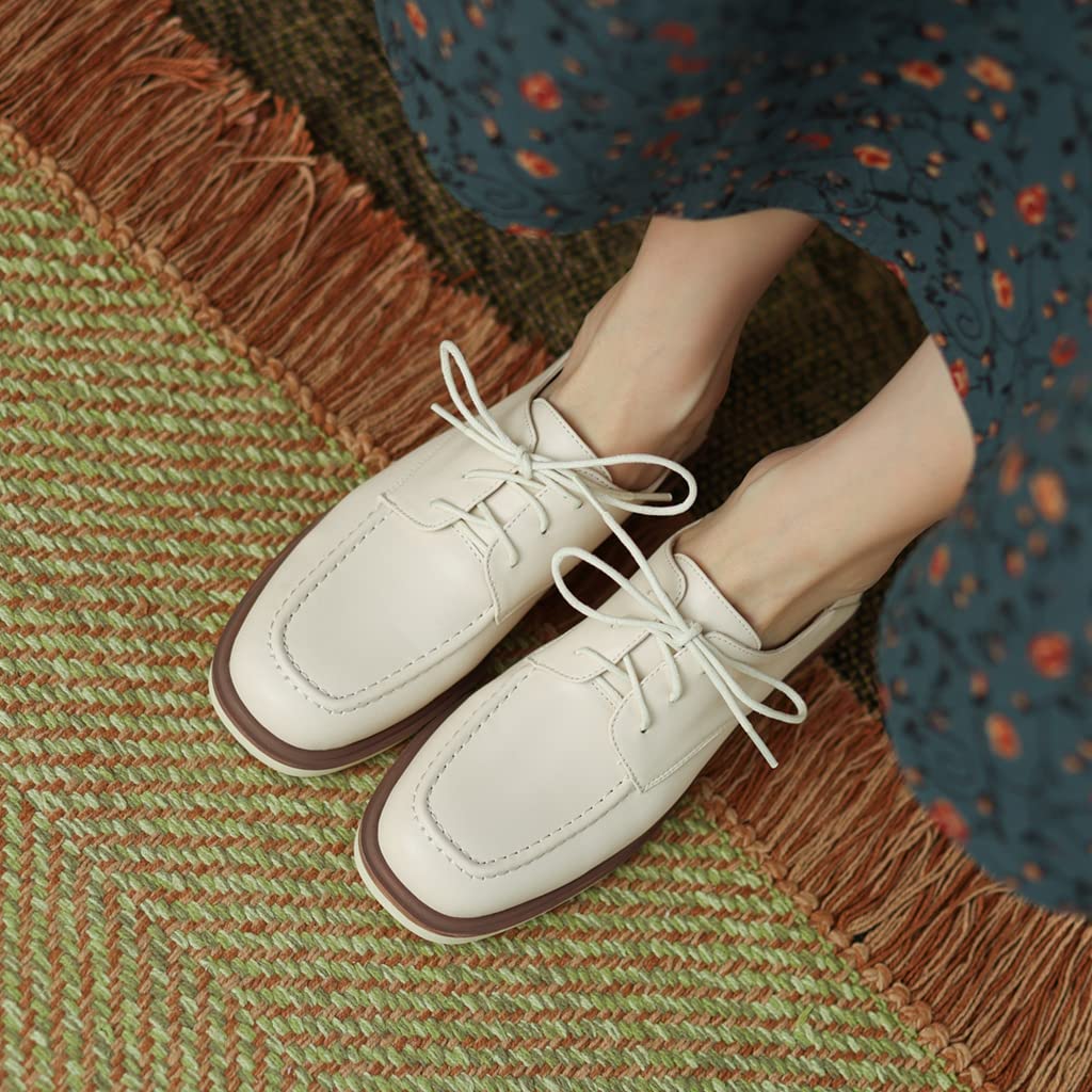Women's Classic Lace-Up Loafers - Square Toe Leather Oxford Shoes for Work & Office | Comfortable Low Heel Dress Flats | Perfect for Business Casual, Commuting & Professional Outfits