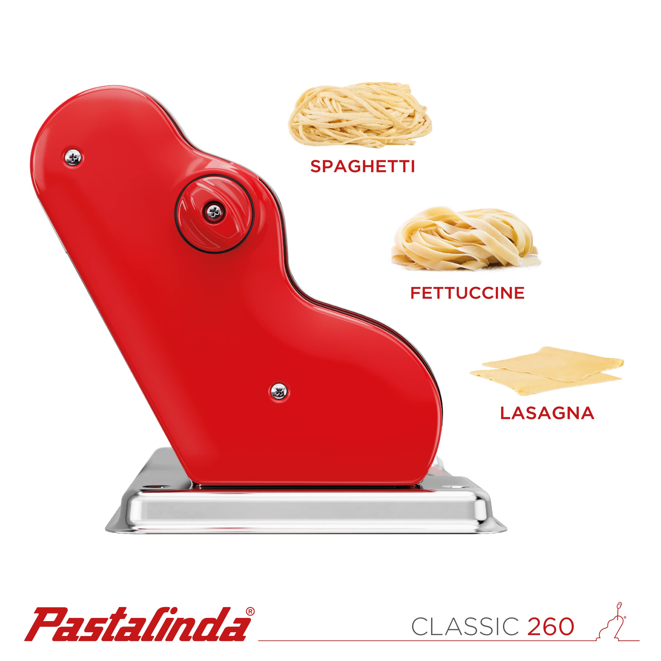 PASTALINDA Classic 260 Pasta Maker Machine - 26cm Wide Stainless Steel Rollers with 9 Thickness & 2 Cutting Positions - Includes Reinforced Hand Crank & 2 Clamps - Perfect for Homemade Pasta, Ravioli & Noodles - Ideal for Italian Cuisine & Family Cooking