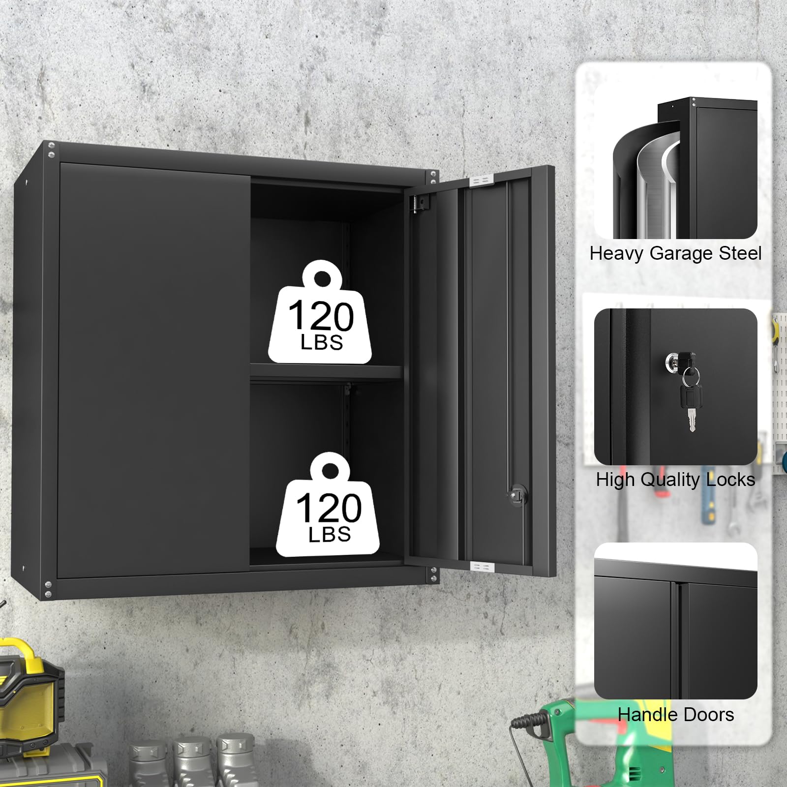 LUCYPAL Black Metal Wall Mounted Storage Cabinet with Adjustable Shelf & Locking Doors - Steel Tool Cabinet for Home Office, Garage, Utility Room & Basement | Space-Saving Organization for Tools, Supplies & Equipment