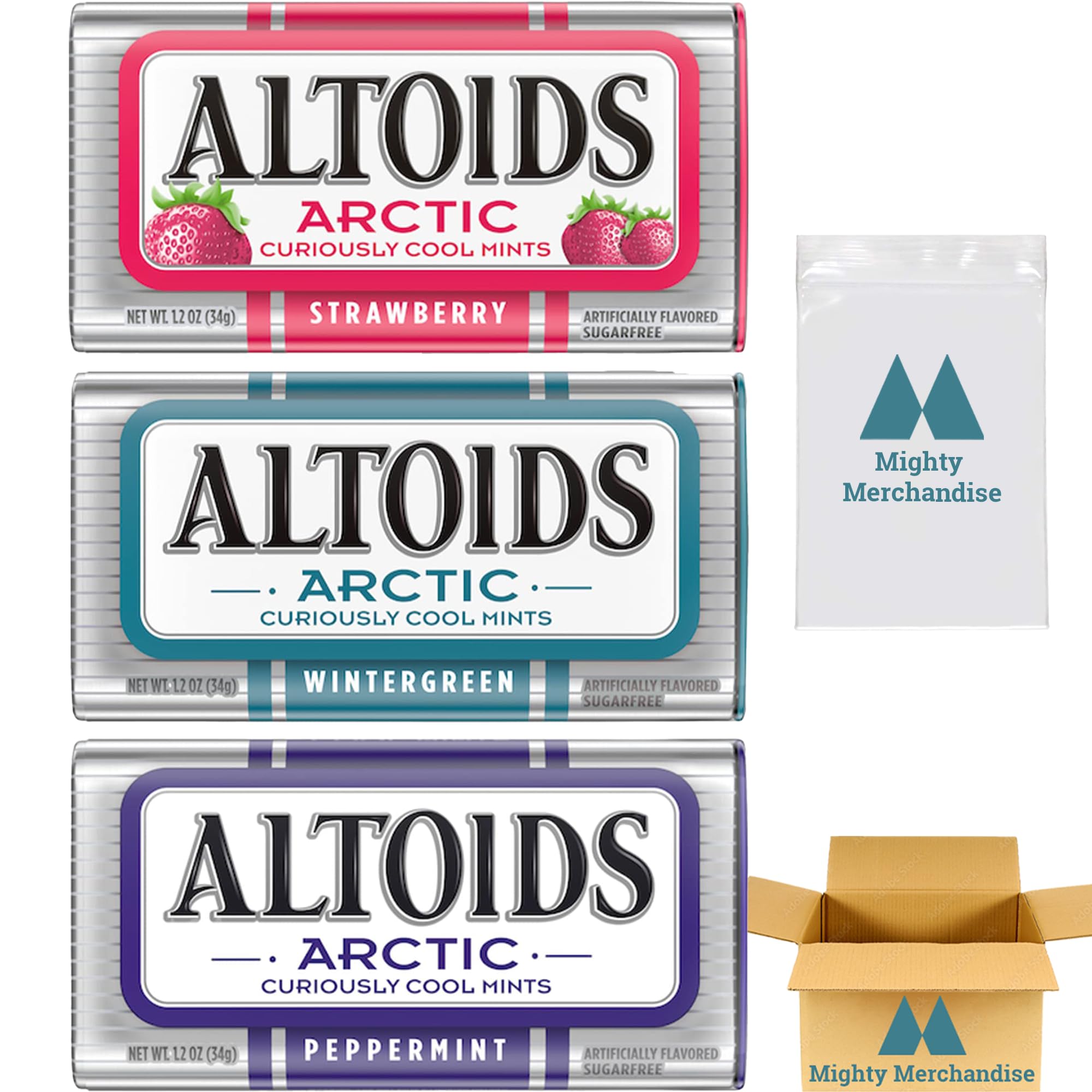 Altoids Arctic Mints Variety Pack - 3 Pack (1.2 oz Each) | Wintergreen, Strawberry & Peppermint Flavors | Refreshing Breath Mints | Perfect for Office, Travel & On-the-Go Freshness | Includes Free Snack Bag