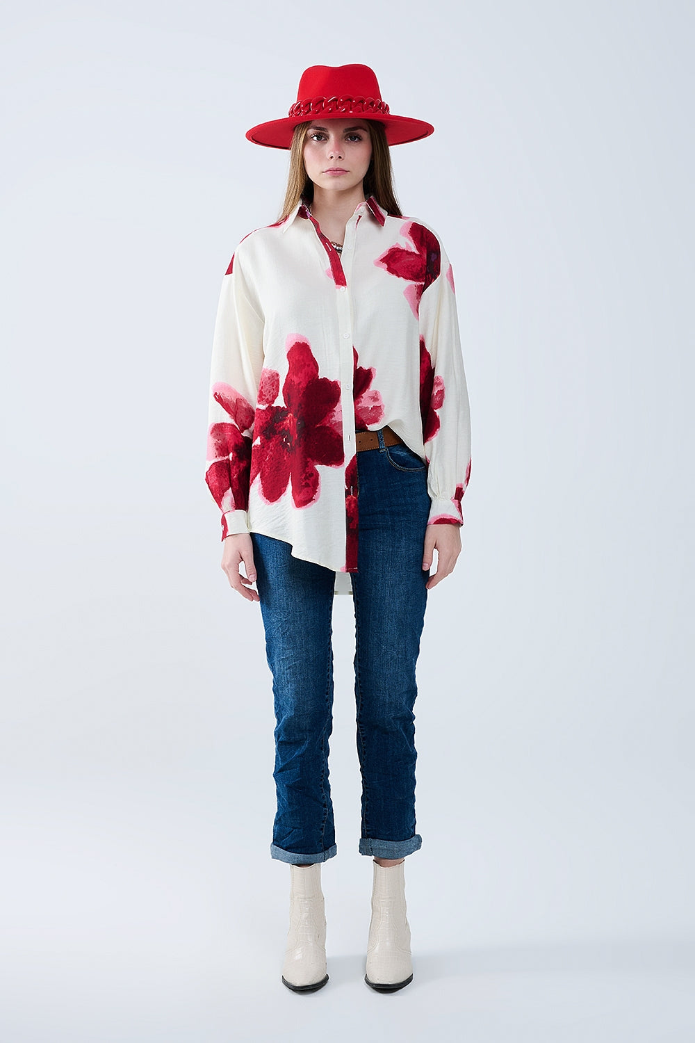 Casual Beige Shirt with Red Tropical Flower Print - Perfect for Summer Outings, Beach Vacations & Boho Style