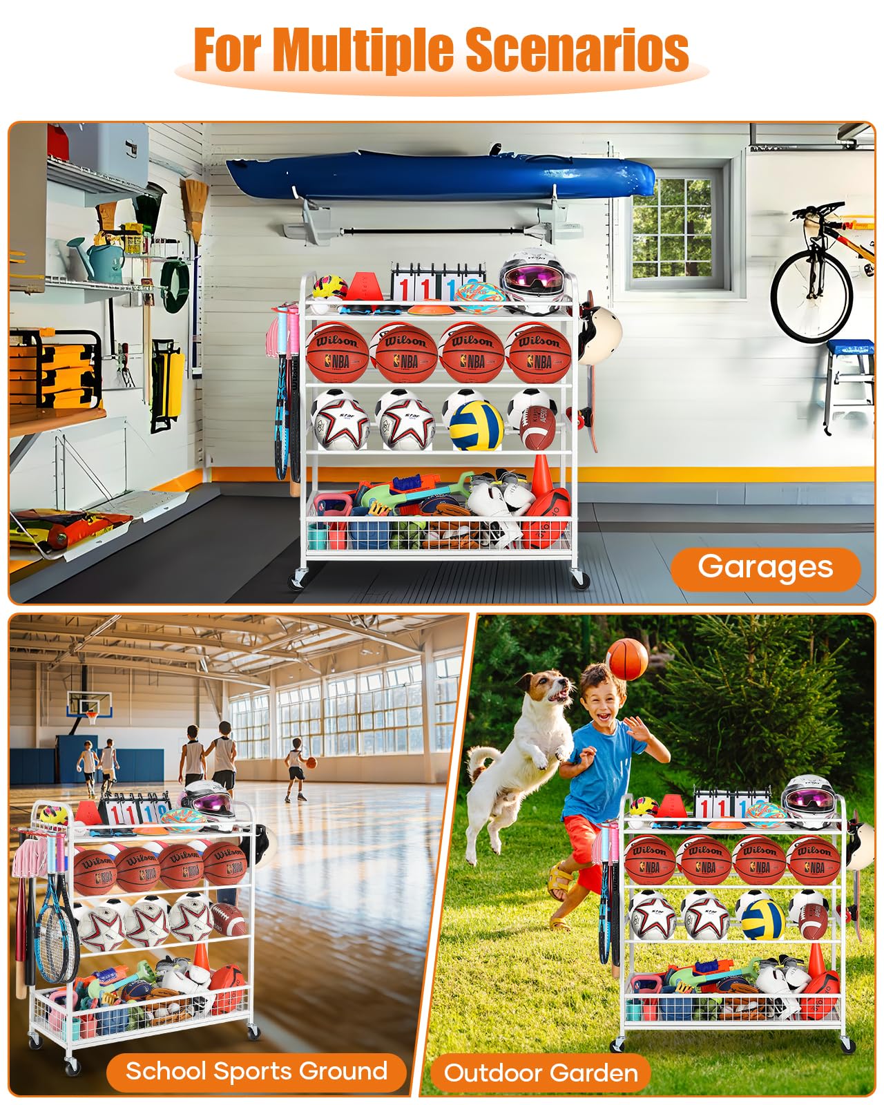 Heavy-Duty Rolling Sports Equipment Organizer with Wheels - Garage Storage Bin for Basketballs, Baseballs & Toys - Includes Bat Holder & Hooks - White - Perfect for Garage, Basement & Playroom Organization