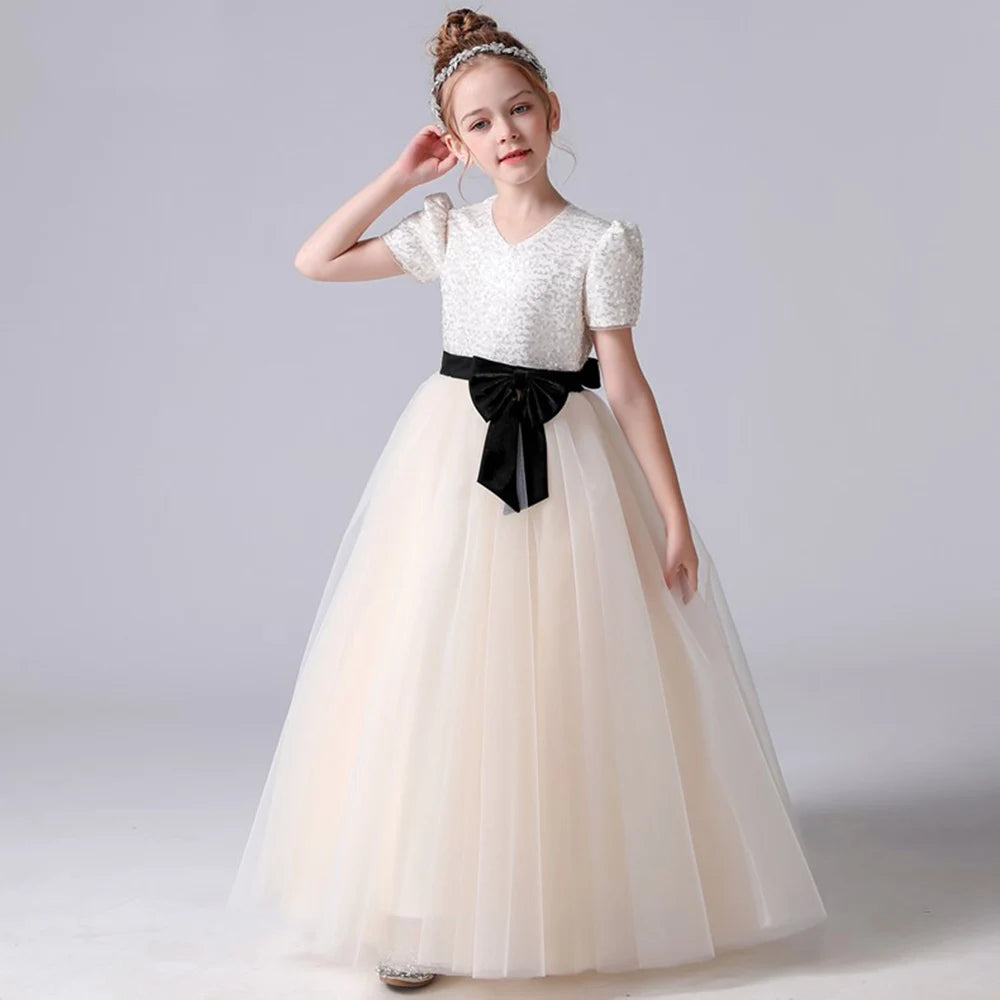 Sparkly Lace Tulle Flower Girl Dress for Weddings - Elegant Junior Bridesmaid Gown with Floral Embroidery | Perfect for Flower Girls, Pageants & Special Occasions