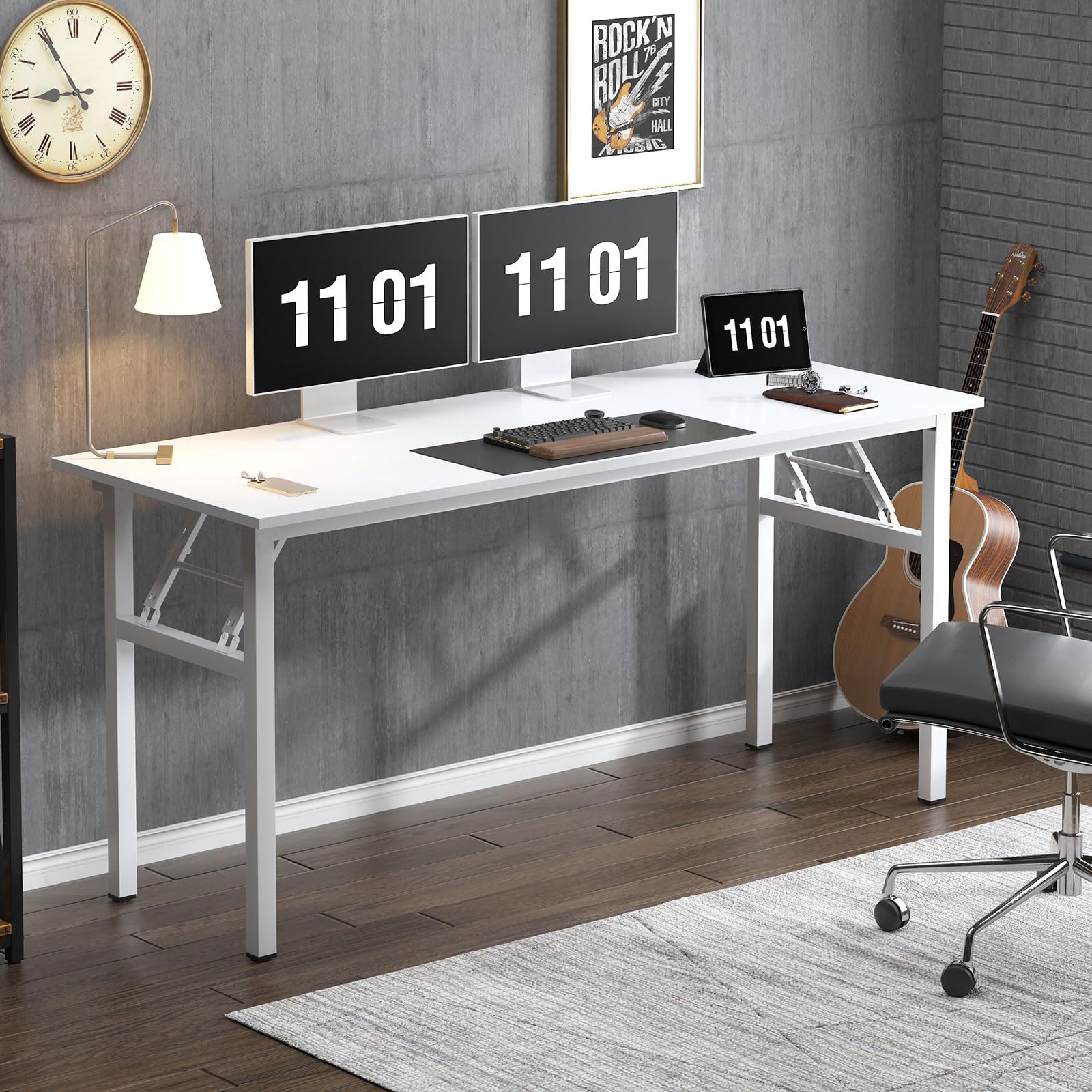 SogesFurniture 62 Inch White Computer Desk - Home Office Desk, Study Writing Table, Workstation with Metal Frame & Folding Design | Perfect for Small Spaces, Gaming Setup & Remote Work