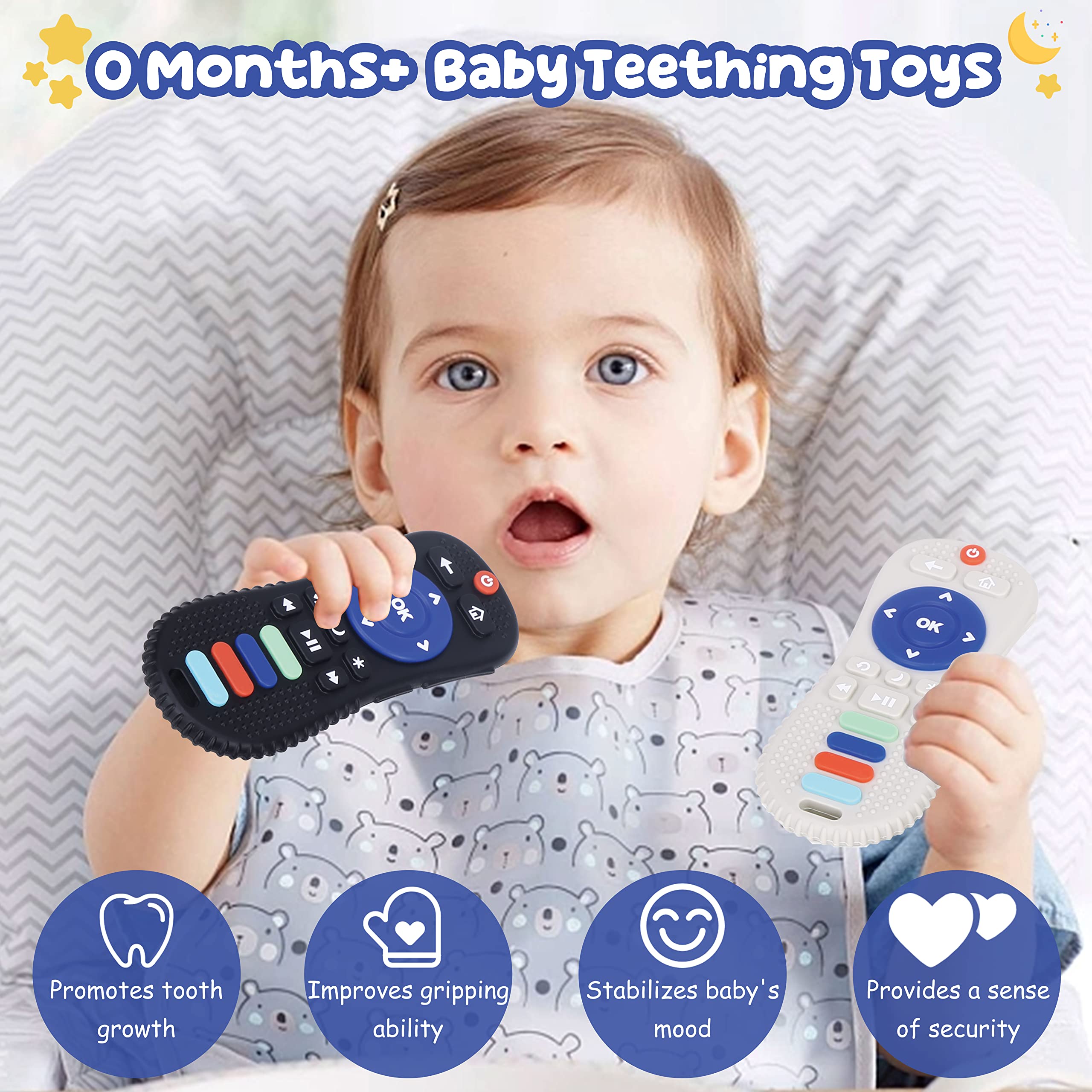 FXK Baby Teething Toys for 6-12 Months - 2 Pack BPA Free Silicone Teethers with Remote Control Design, Sensory Chew Toys for Soothing Sore Gums (Black & Grey) - Perfect for Home, Travel & Daycare Use