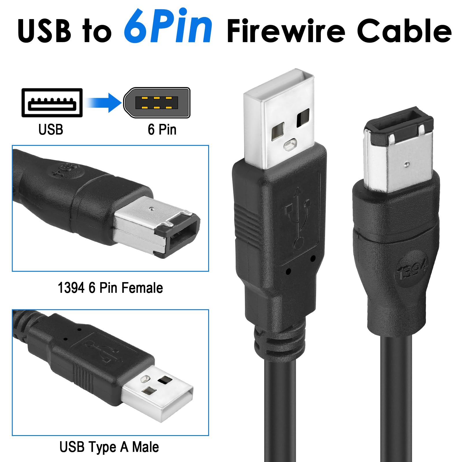Firewire to USB Adapter Cable - 6-Pin IEEE 1394 Male to USB 2.0 Male Converter - Firewire 400 1394-a to USB A Connector Cord for Printer, Scanner, Hard Drive - Ideal for Data Transfer Between Legacy Devices and Modern Computers (Not Compatible with Sound Cards)