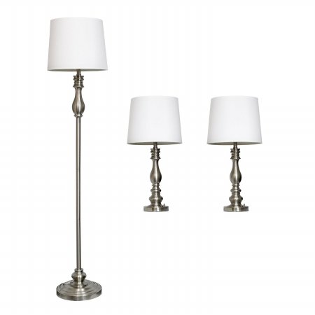 Elegant 3-Piece Lamp Set - 2 Table Lamps & 1 Floor Lamp in Brushed Steel Finish | Modern Home Lighting for Living Room, Bedroom, or Office Decor