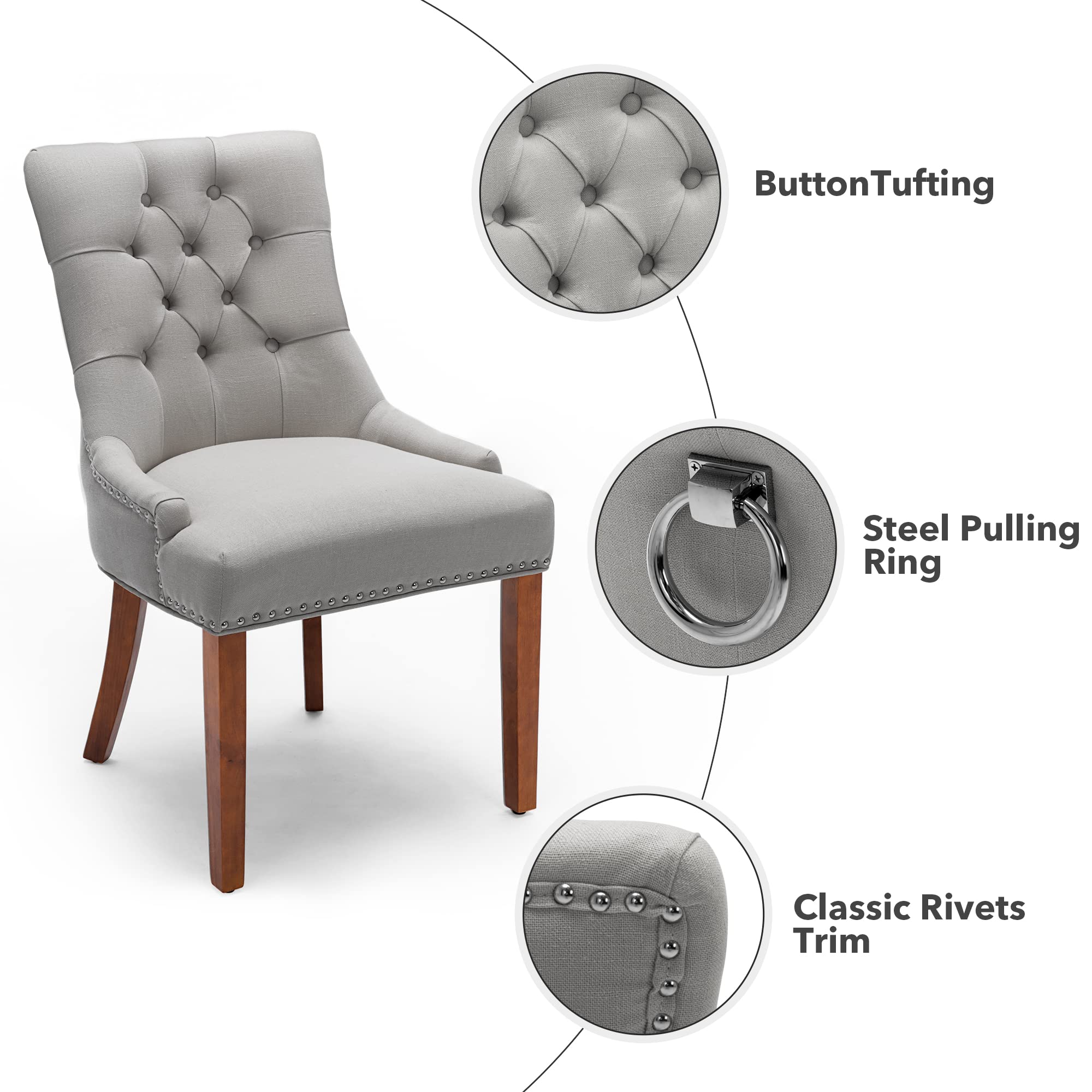 Set of 2 Modern Fabric Dining Chairs - Comfortable Upholstered Kitchen Chairs with Steel Pull Ring & Brown Rubber Wood Legs, Grey - Perfect for Dining Room, Kitchen, Breakfast Nook & Small Spaces
