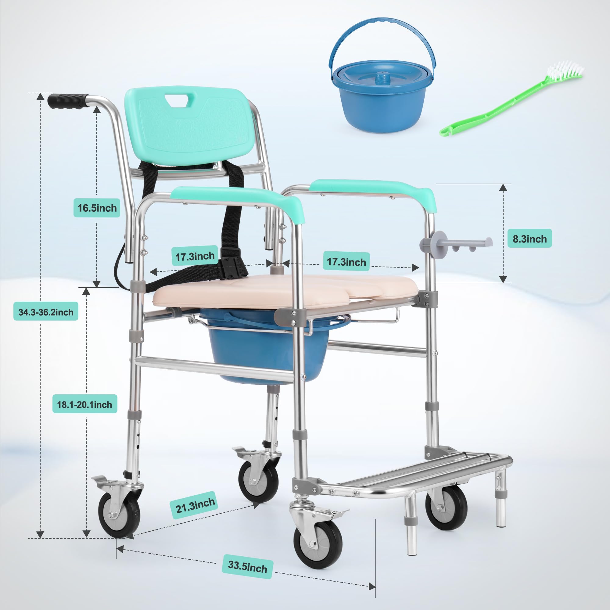 Rengue 3-in-1 Rolling Shower Chair with Wheels - Adjustable Transport Commode with Padded Seat & Detachable Bucket - 330lbs Weight Capacity - Ideal for Elderly Care, Post-Surgery Recovery & Bathroom Safety