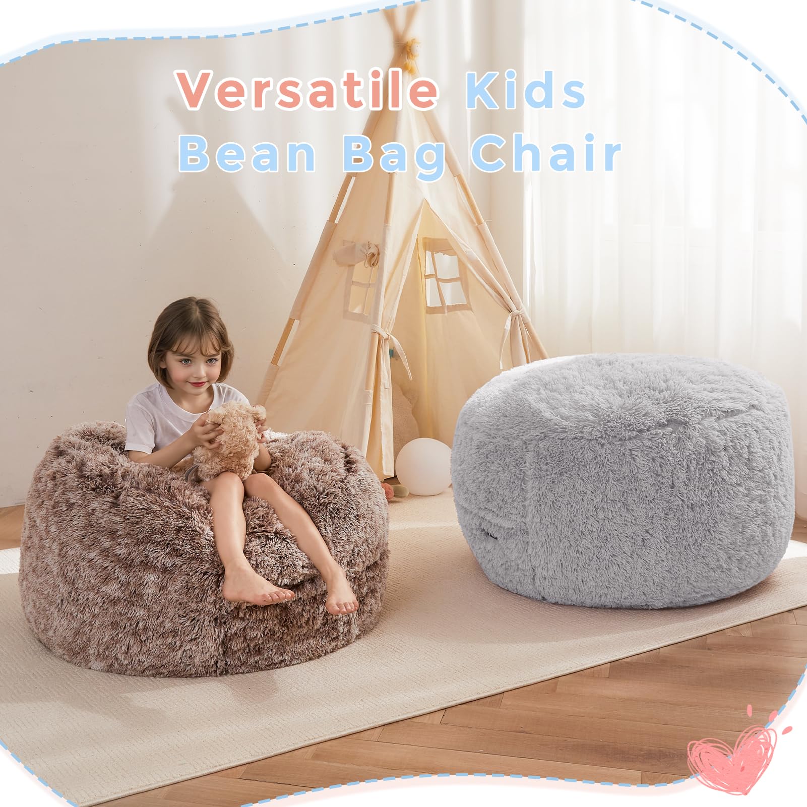 MAXYOYO Kids Bean Bag Chair Bed - Convertible Floor Sofa for Boys & Girls, Machine Washable Grey - Perfect for Playrooms, Dorm Rooms & Sleepovers