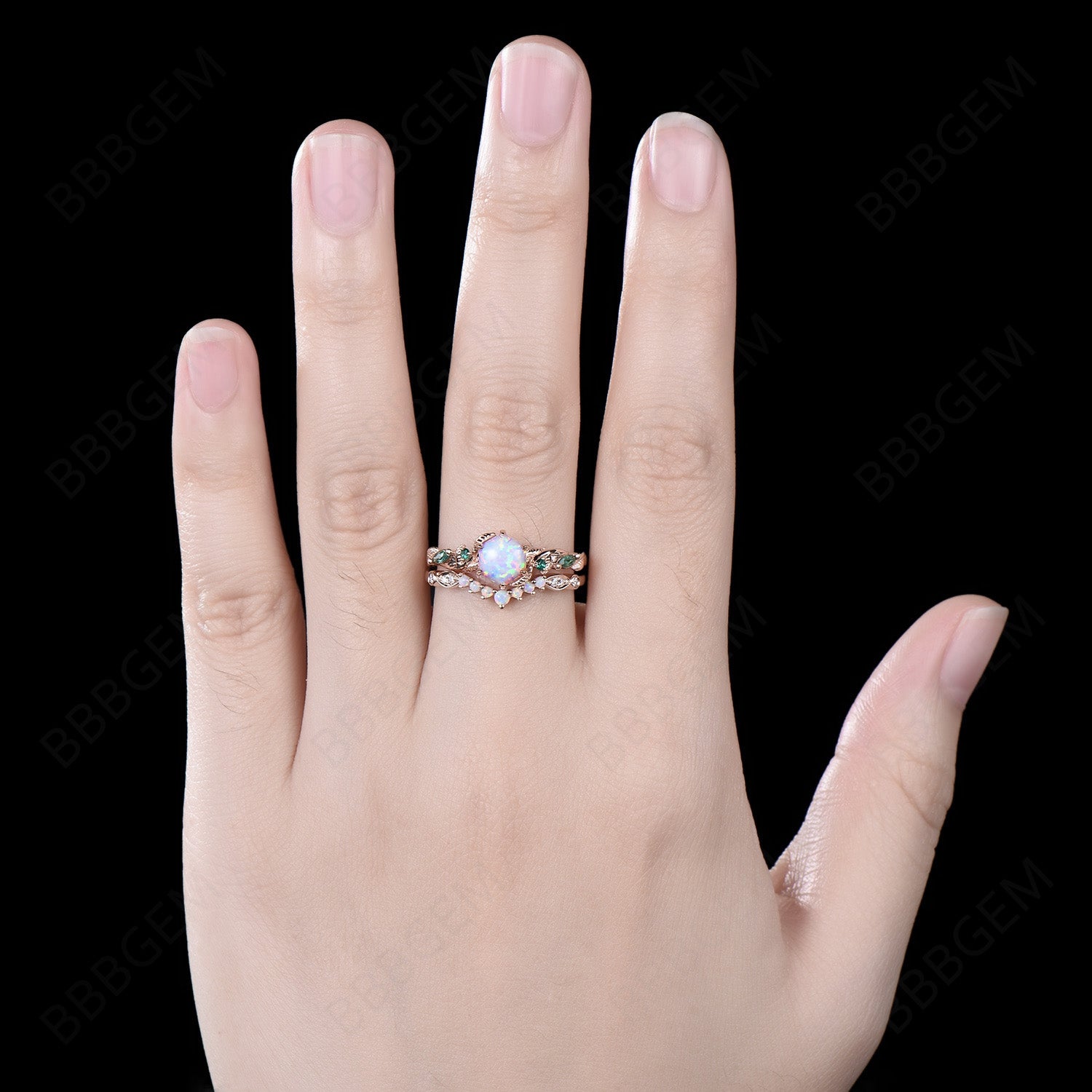 10K Rose Gold Hexagon Cut White Opal Engagement Ring Set - Nature Inspired Leaf Vine Bridal Ring with October Birthstone | Perfect for Weddings, Anniversaries & Nature-Themed Jewelry Lovers