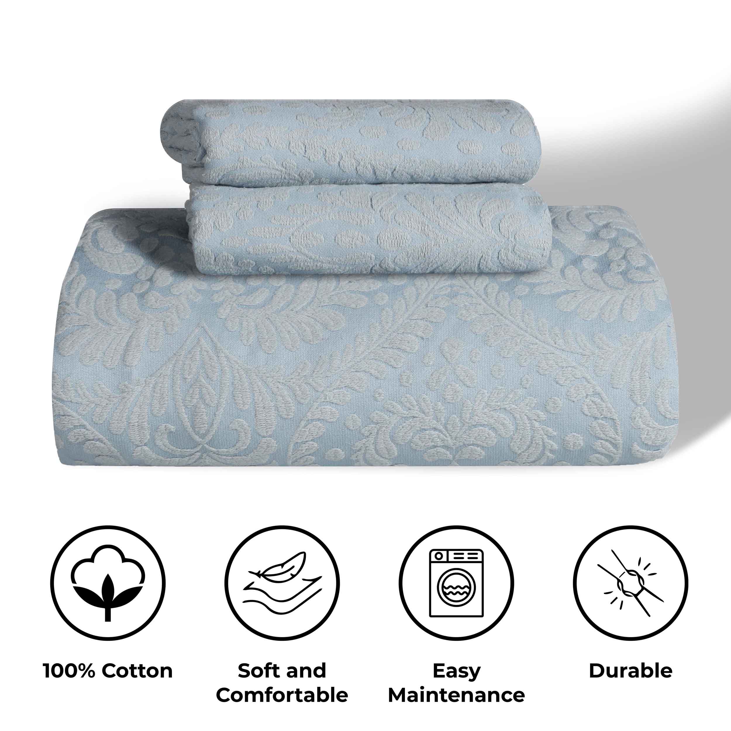 Premium Aspen Cotton Blend Jacquard Woven Floral Bedspread Set with Scalloped Edges - Queen Size Luxury Bedding for Master Bedroom & Guest Room Decor