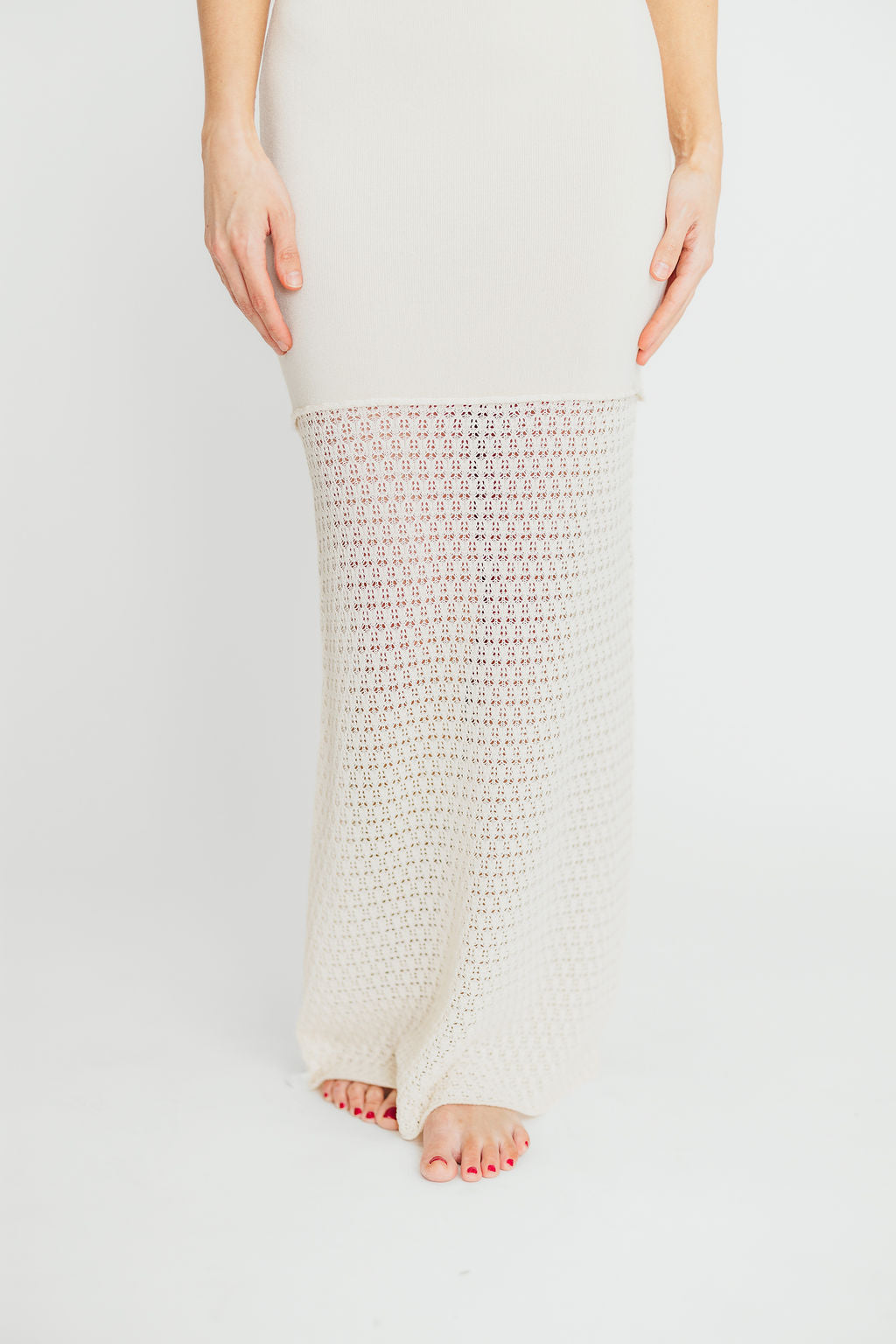 Arya Crochet Bottom Midi Dress in Cream - Elegant Boho Summer Dress for Beach, Wedding & Vacation | Women's Floral Lace Dress