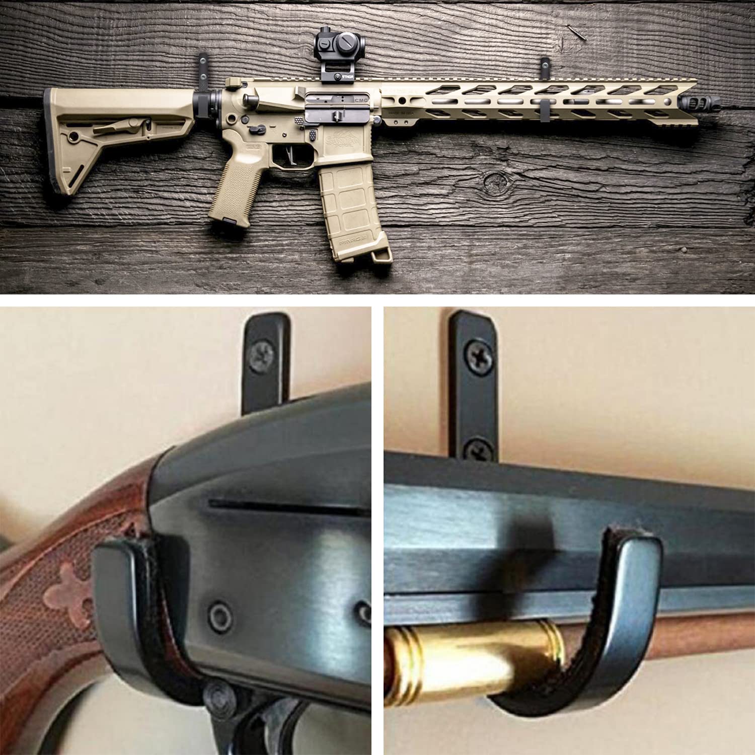 Heavy Duty Steel Gun Rack Wall Mount - Horizontal Shotgun Hooks & Rifle Hangers for Rifles, Shotguns & Archery Bows | Secure Firearm Storage for Home, Cabin or Hunting Lodge
