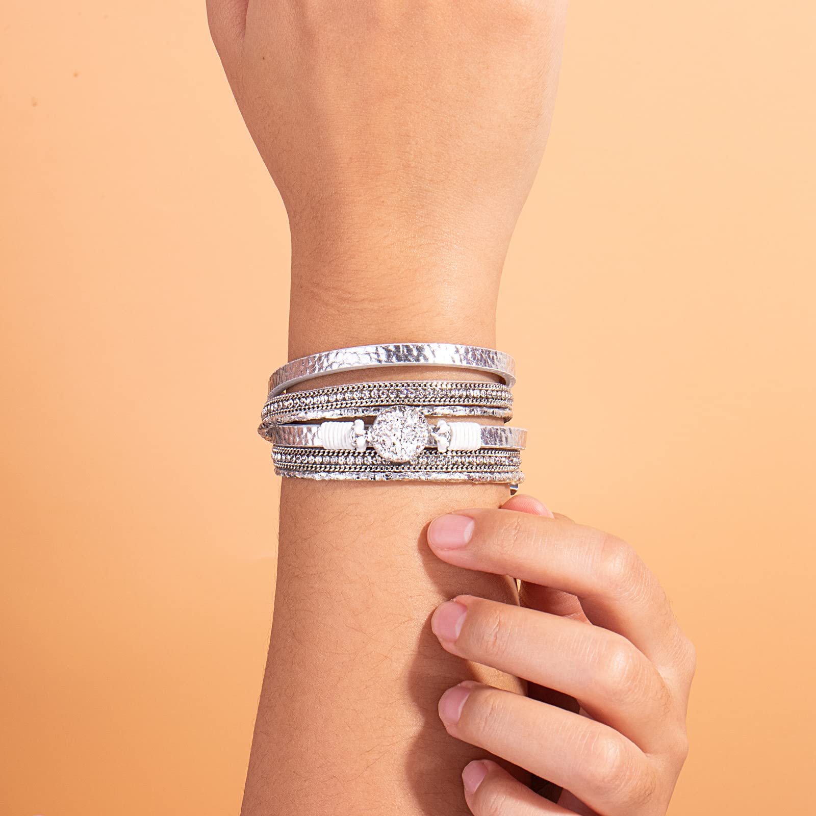 FANCY SHINY Boho Wrap Bracelets - Genuine Leather Cuff Bracelet with Resin Stone & Secure Clasp | Bohemian Jewelry for Women | Perfect for Festivals, Beach Parties & Everyday Boho Chic Style