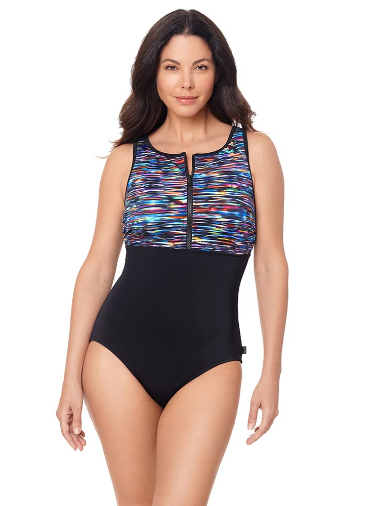 Reebok Women's One Piece Swimsuit - High Neck Zipper Design, Soft Cup Support, Colorful Dimension Print | Perfect for Swimming, Beach Vacations & Water Sports