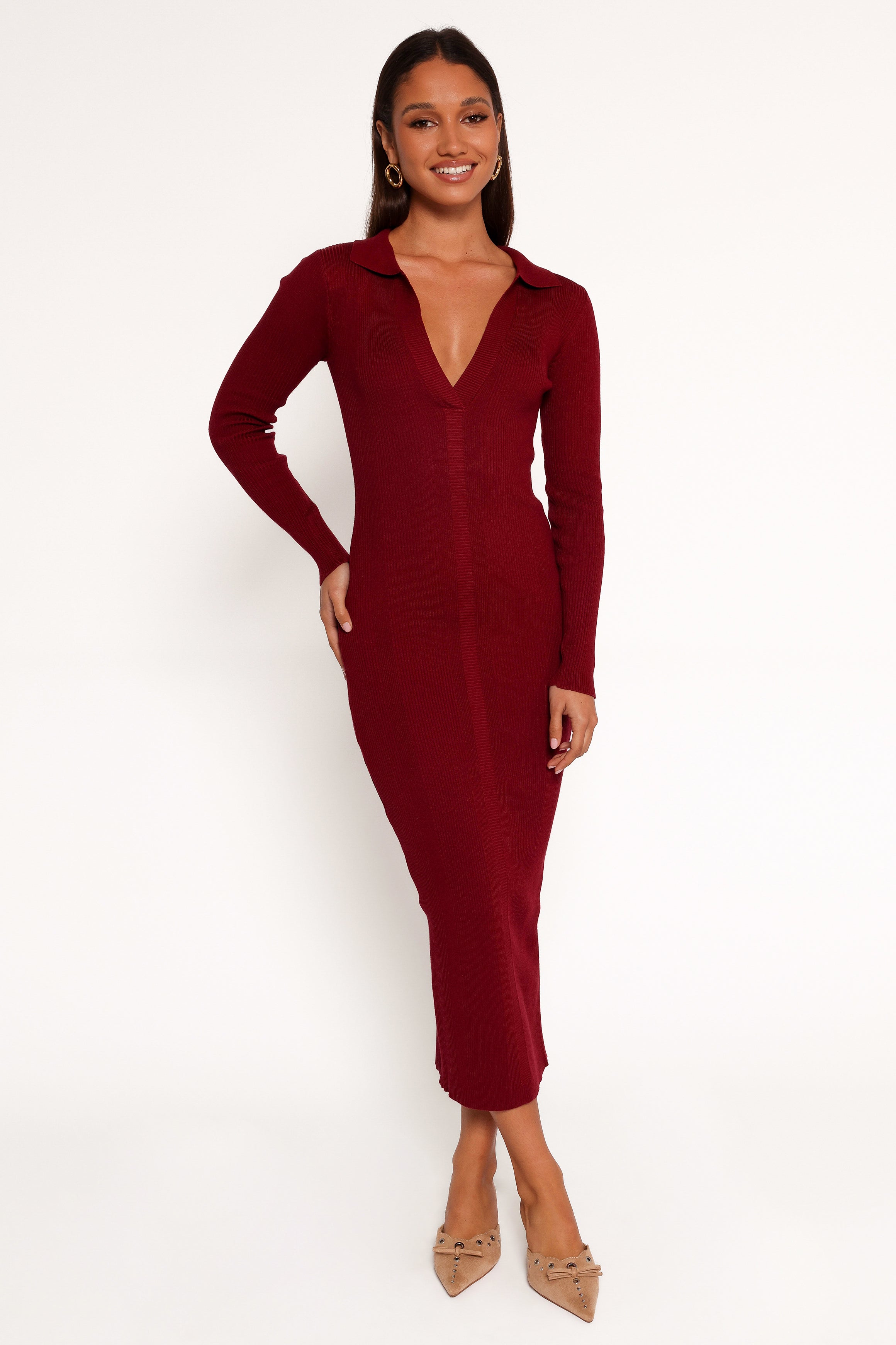 Collins Women's Long Sleeve Midi Dress in Wine Red - Elegant Fall & Winter Office Wear, Party Dress, Holiday Outfit