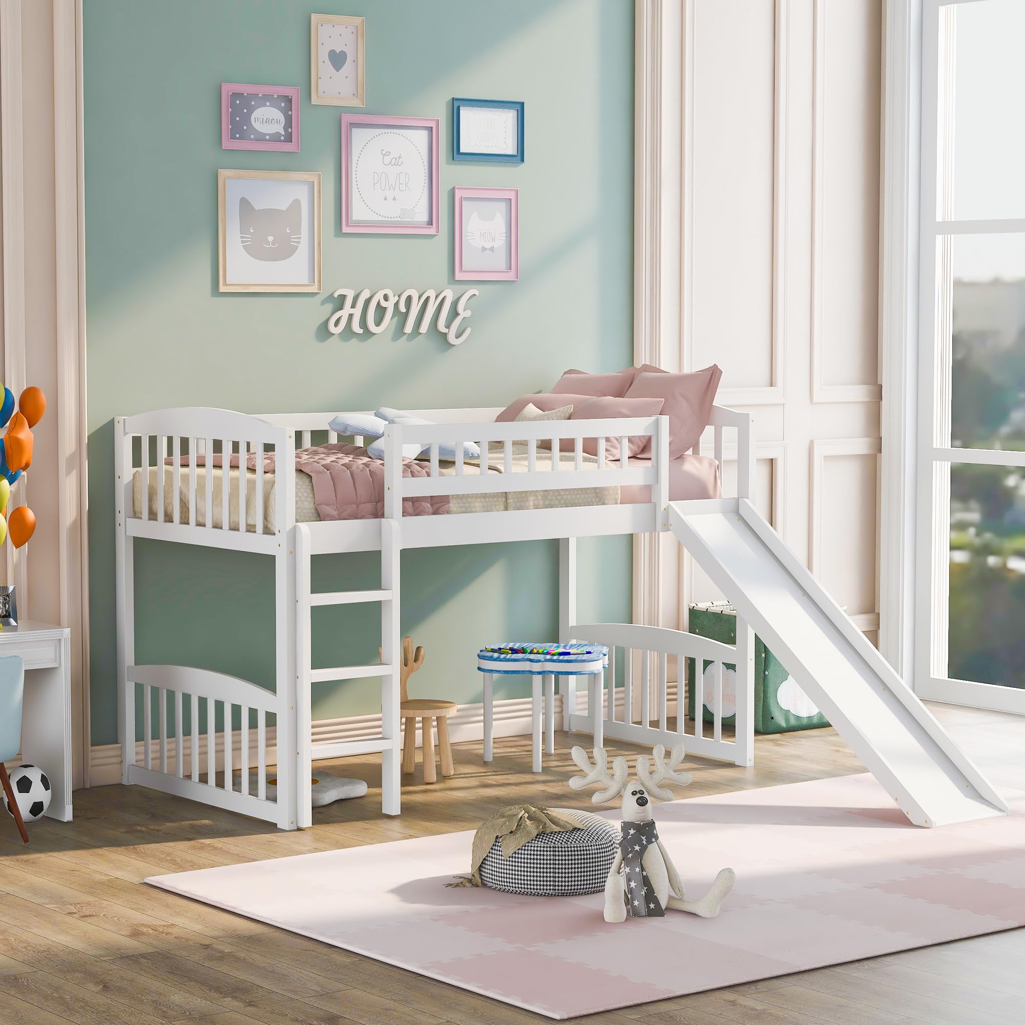Twin Size Low Loft Bed with Slide and Ladder - Sturdy Wooden Loft Bed Frame for Kids, Girls & Boys - White - Perfect for Small Bedrooms, Playrooms & Dorm Rooms