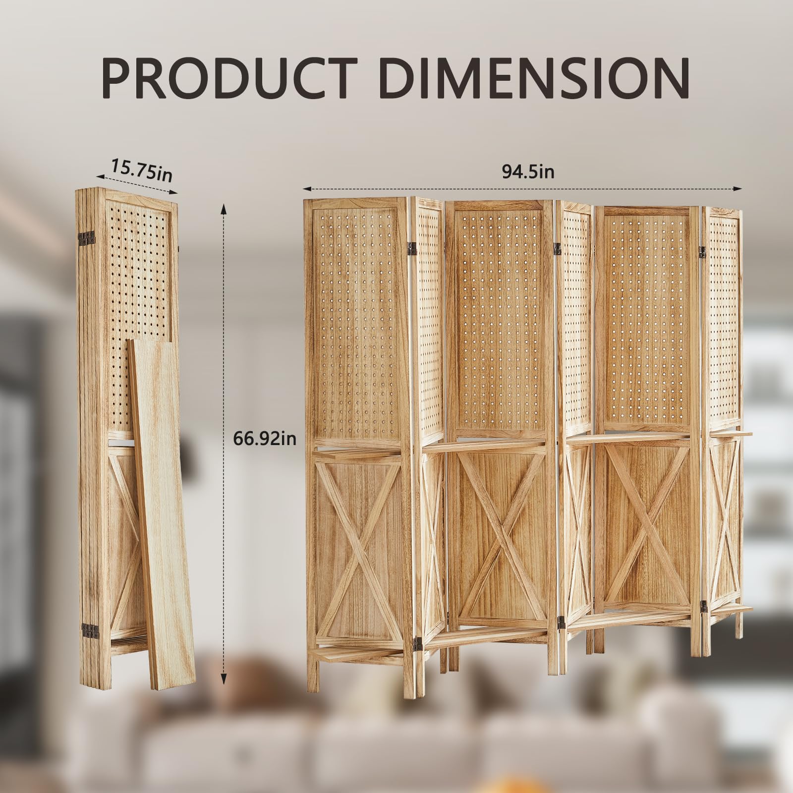 6 Panel Wooden Room Divider with Shelves - Foldable Privacy Screen & Pegboard Display for Home & Office - Natural Wood Wall Partition for Bedroom, Living Room, Retail Store (Easy to Move & Assemble) - Perfect for Space Separation, Organization & Stylish Room Decor