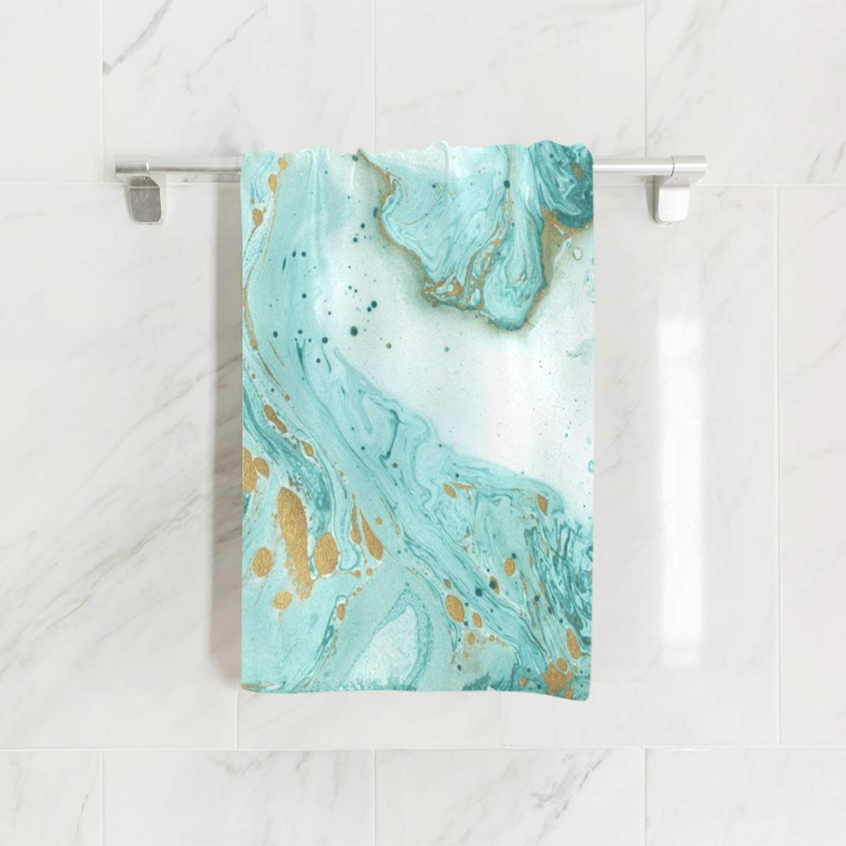 Turquoise Golden Paints Marble Texture Hand Towel - 30x15 Inch Lightweight Soft Absorbent Bath Towel for Home & Bathroom Decor | Perfect for Guest Bathrooms, Spa Days, and Coastal Theme Decor