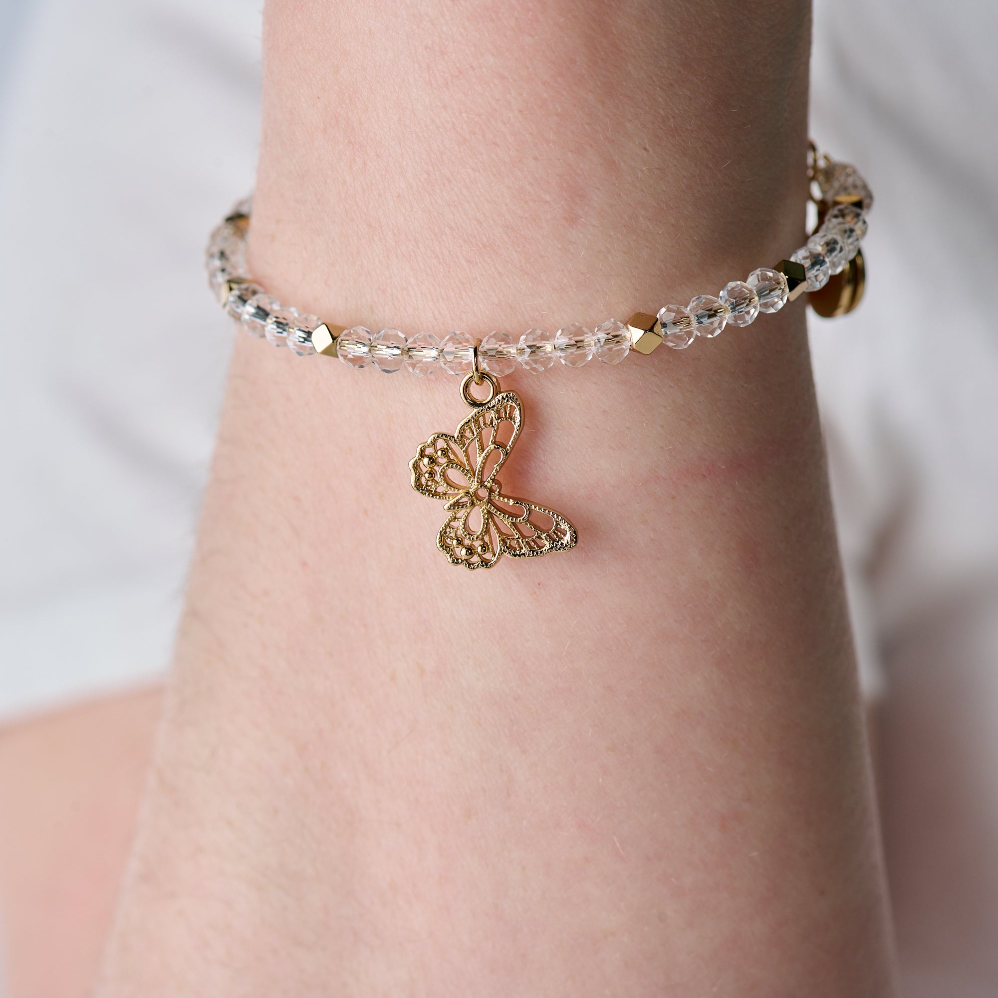Elegant Filigree Butterfly & Crystal Beaded Charm Bracelet - Dainty Adjustable Bangle for Women - Perfect for Weddings, Parties & Everyday Wear