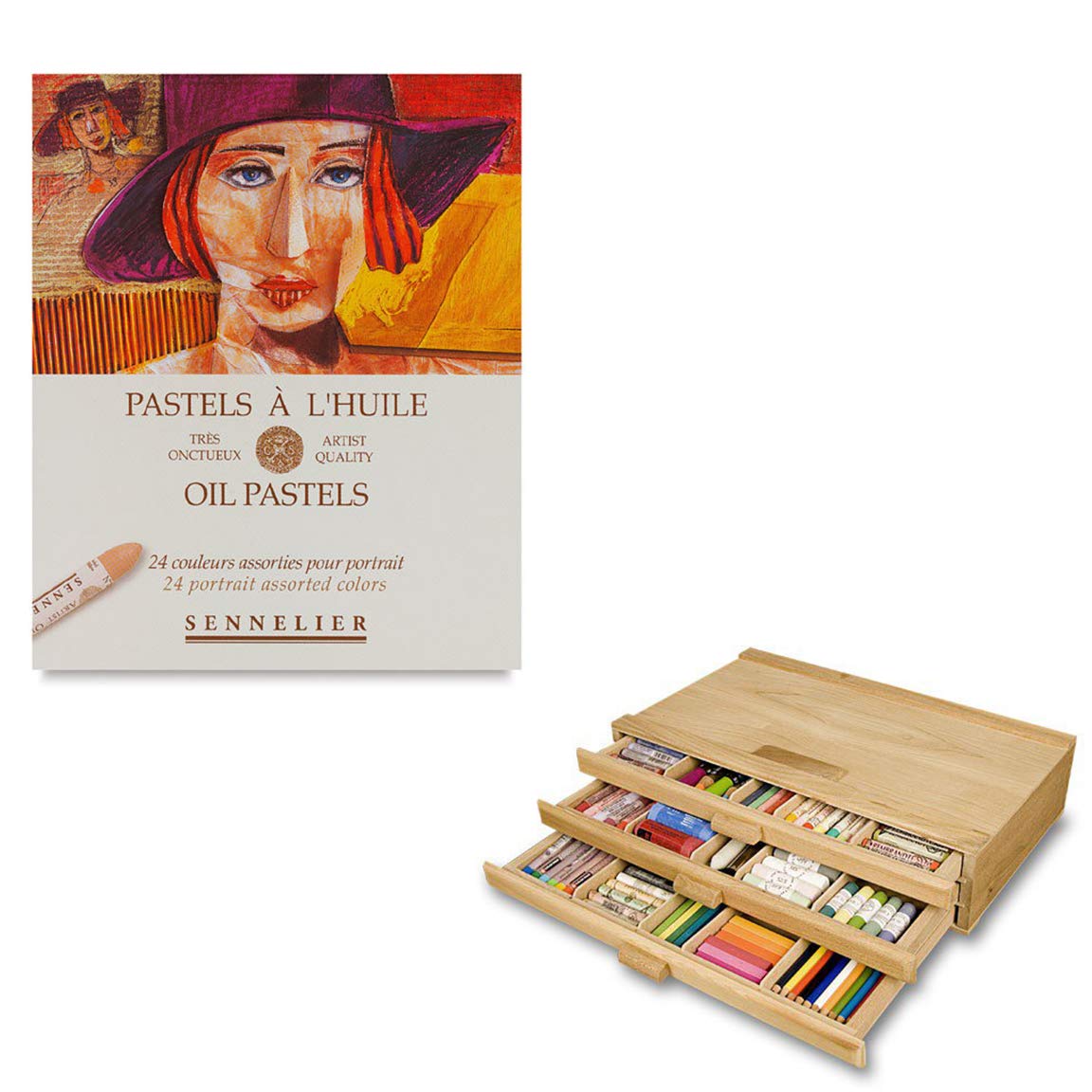 Sennelier Artist 24-Piece Oil Pastel Set with 3-Drawer Wooden Storage Box - Vibrant Portrait Colors for Professional Artists & Students | Perfect for Sketching, Drawing & Mixed Media Art