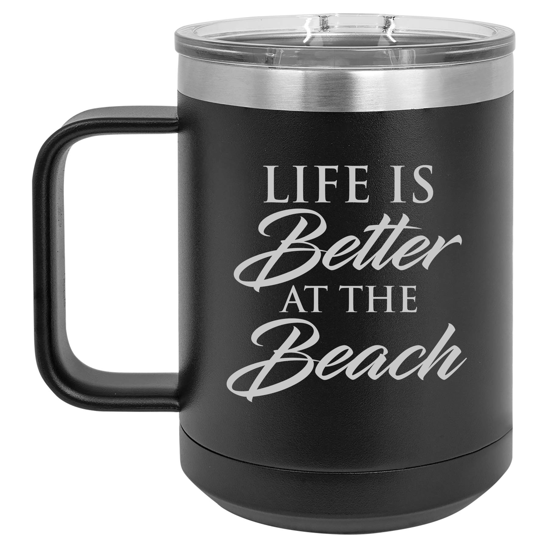 15 oz Vacuum Insulated Stainless Steel Tumbler with Handle & Lid - Leakproof Travel Coffee Mug for Hot & Cold Drinks - Perfect for Beach, Camping, Office & Commuting (Black)