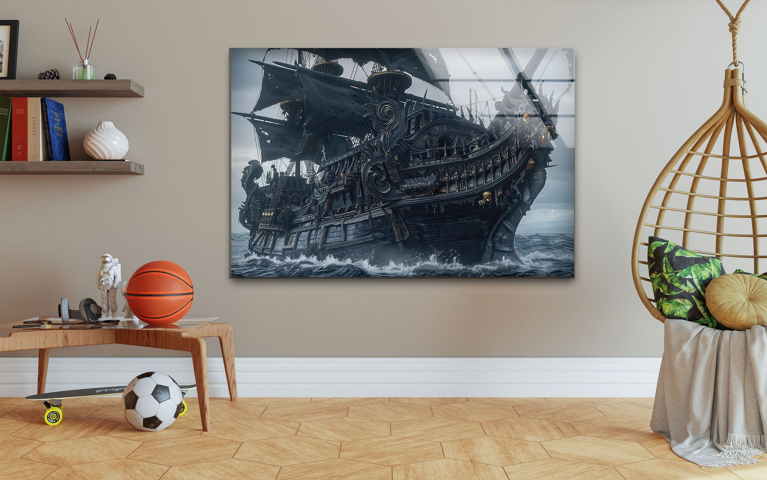 Large Pirate Ship Glass Wall Art Decor - Nautical Theme Stained Glass Window Hanging for Living Room, Bedroom, or Office
