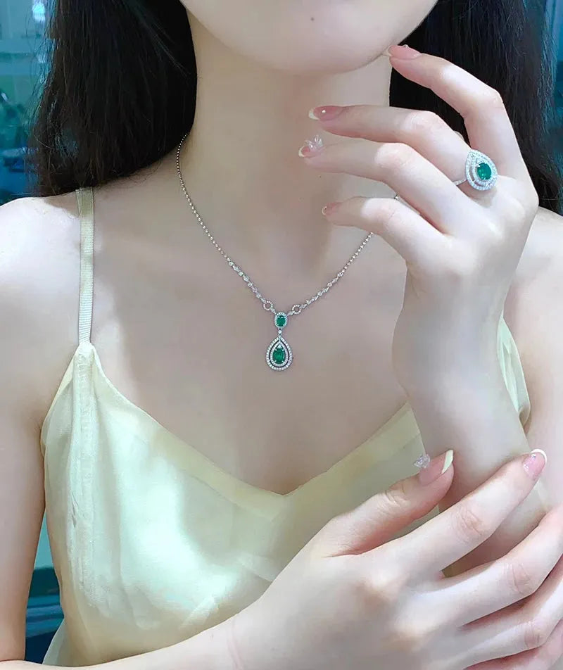 18K White Gold Diamond & Natural Emerald Jewelry Set for Women - Elegant Necklace, Earrings & Ring Set | Luxury Gift for Anniversary, Wedding & Special Occasions