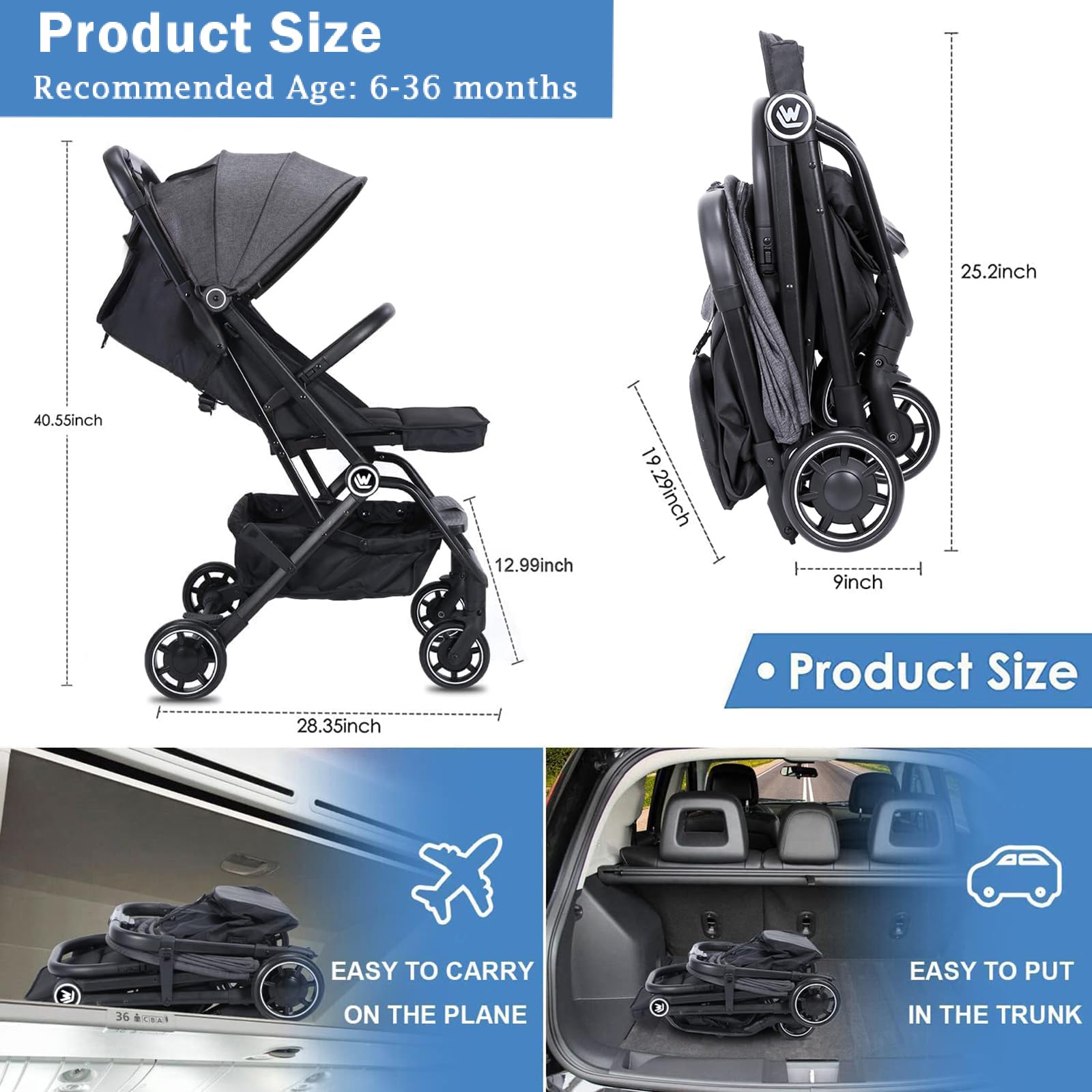 **Lightweight Compact Baby Stroller with Sleep Shade & Oversize Basket - One-Hand Foldable Travel Stroller for Airplane, Shopping, and Daily Use**