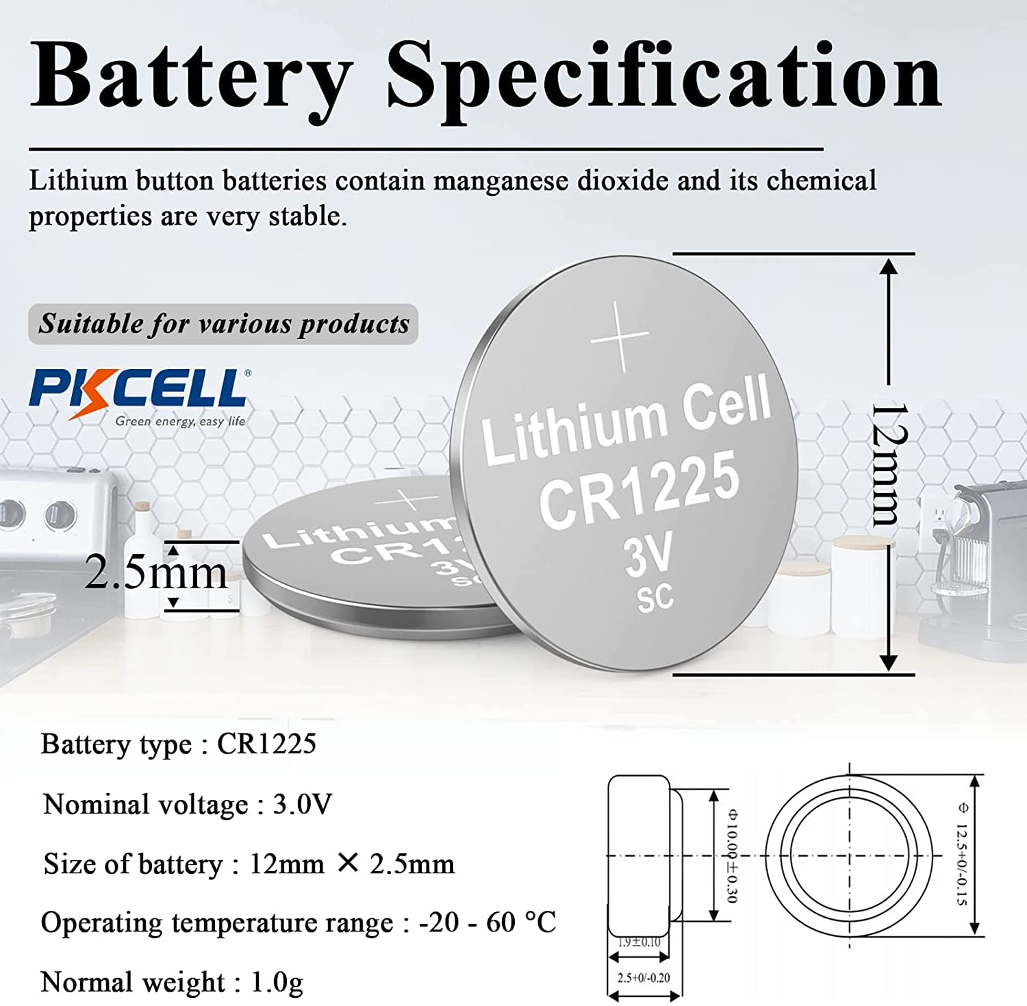 PKCELL 5Pcs CR1225 3V Lithium Battery - Long Lasting 5-Year Shelf Life Button Cell Batteries for Thermometers, Watches, Calculators & Key Fobs - Reliable Power Source for Small Electronics