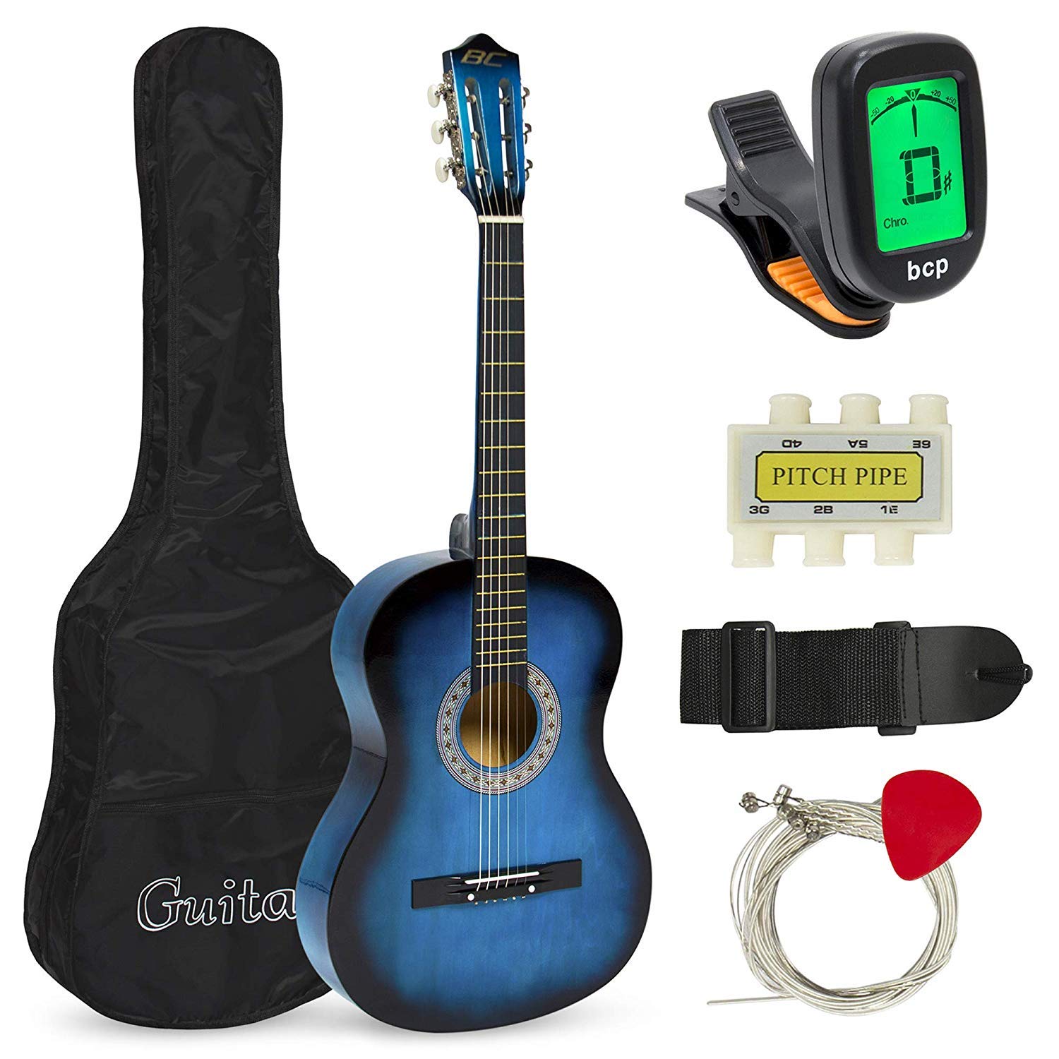 38-Inch Beginner Acoustic Guitar Starter Kit with Hard Case, Strap, Digital Tuner, Picks, Pitch Pipe & Strings - Perfect for Kids, Teens & Adult Learning, Home Practice, Camping & Travel
