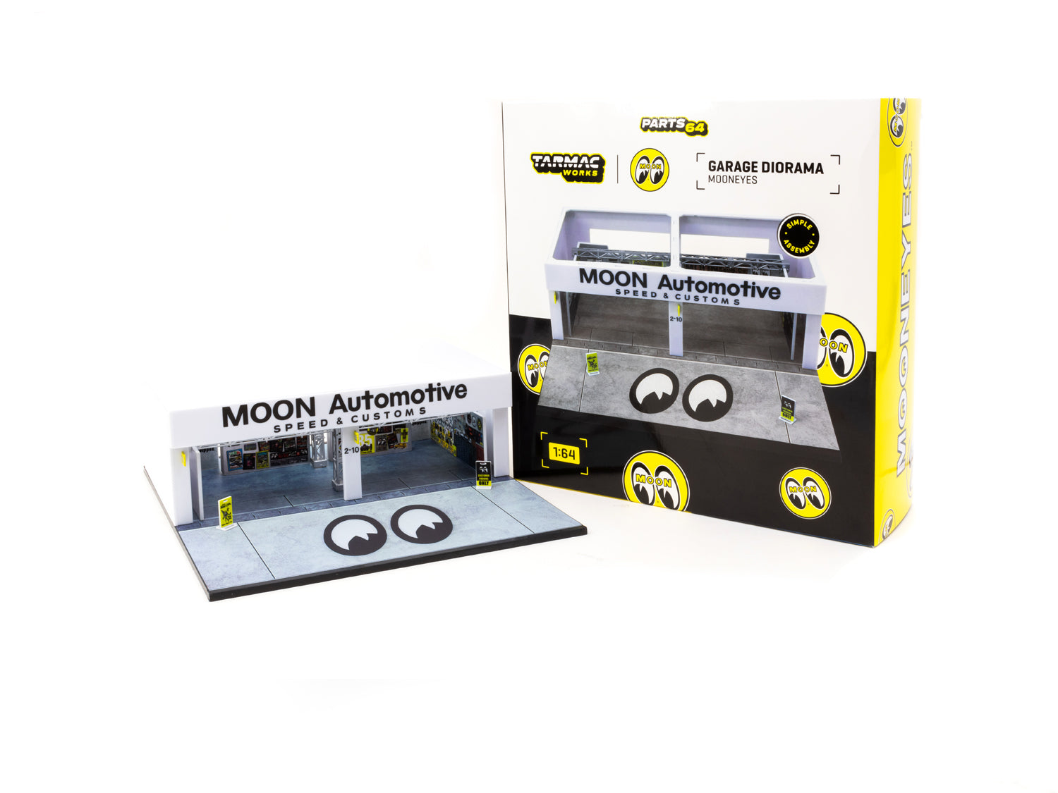 Tarmac Works 1/64 Scale Pit Garage Diorama Accessories - MOONEYES PARTS64 for Car Model Display & Racing Scenes