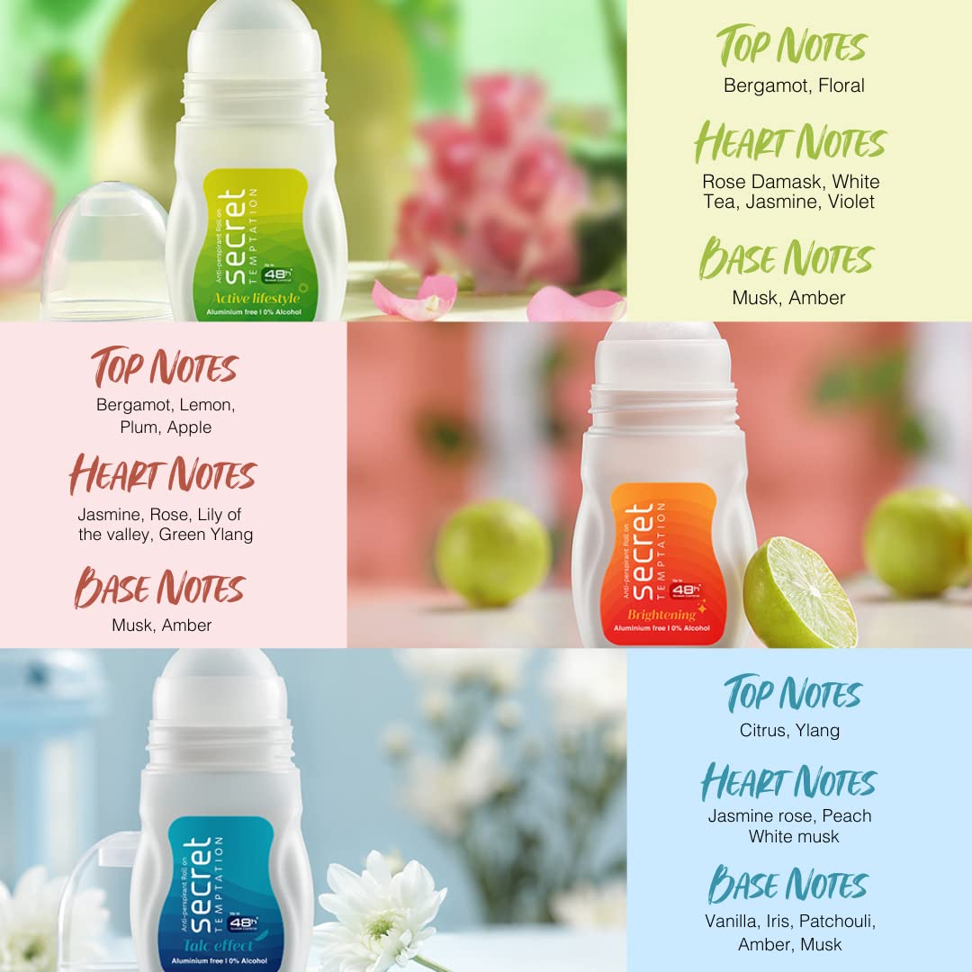 Secret Temptation Active Lifestyle & Brightening Fresh Underarm Roll-On Deodorant Combo for Women | Long-Lasting Odor Protection | Perfect for Gym, Work & Daily Freshness