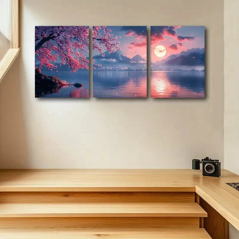 3-Piece Cherry Blossom, Moon & Mountain View Metal Wall Art Prints - Ready to Hang Home Decor for Living Room, Bedroom & Office