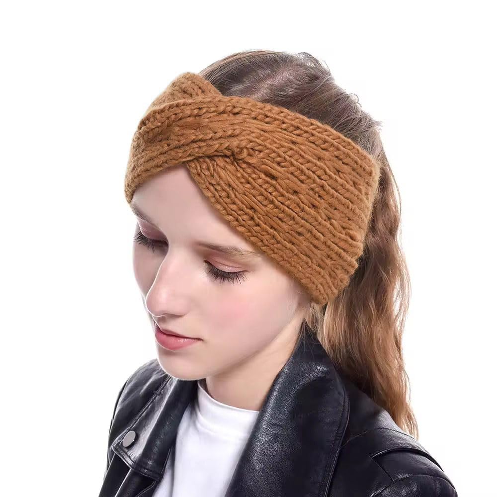 Women's Stylish Soft Acrylic Woolen Headband - Cross Bow Ear Warmer Crochet Headwrap for Winter - Warm Hairband & Earmuffs Accessories (Brown) | Perfect for Cold Weather, Outdoor Activities & Fashionable Winter Outfits