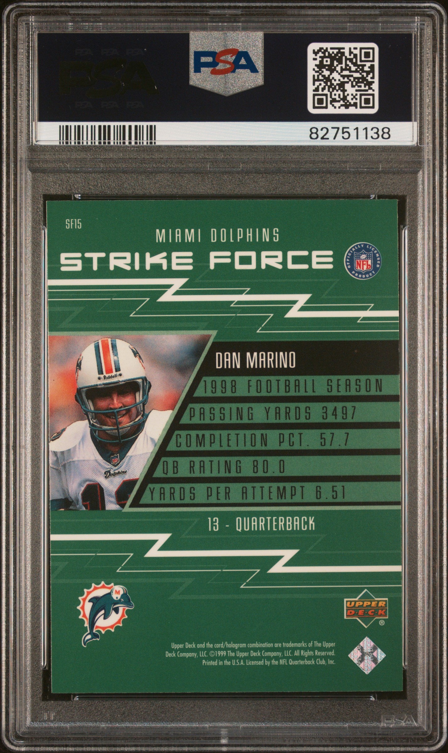1999 Upper Deck Strike Force Dan Marino #SF15 PSA 10 Gem Mint Football Card - Perfect for Collectors, Investors & Sports Memorabilia Enthusiasts - Ideal for Display, Trading & Portfolio Diversification