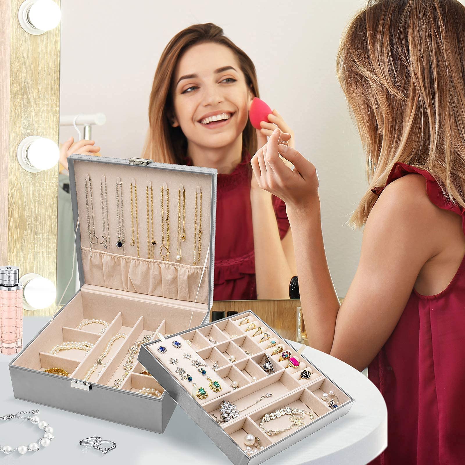 ProCase Leather Jewelry Organizer - 2-Layer Stackable Storage for Drawer & Vanity