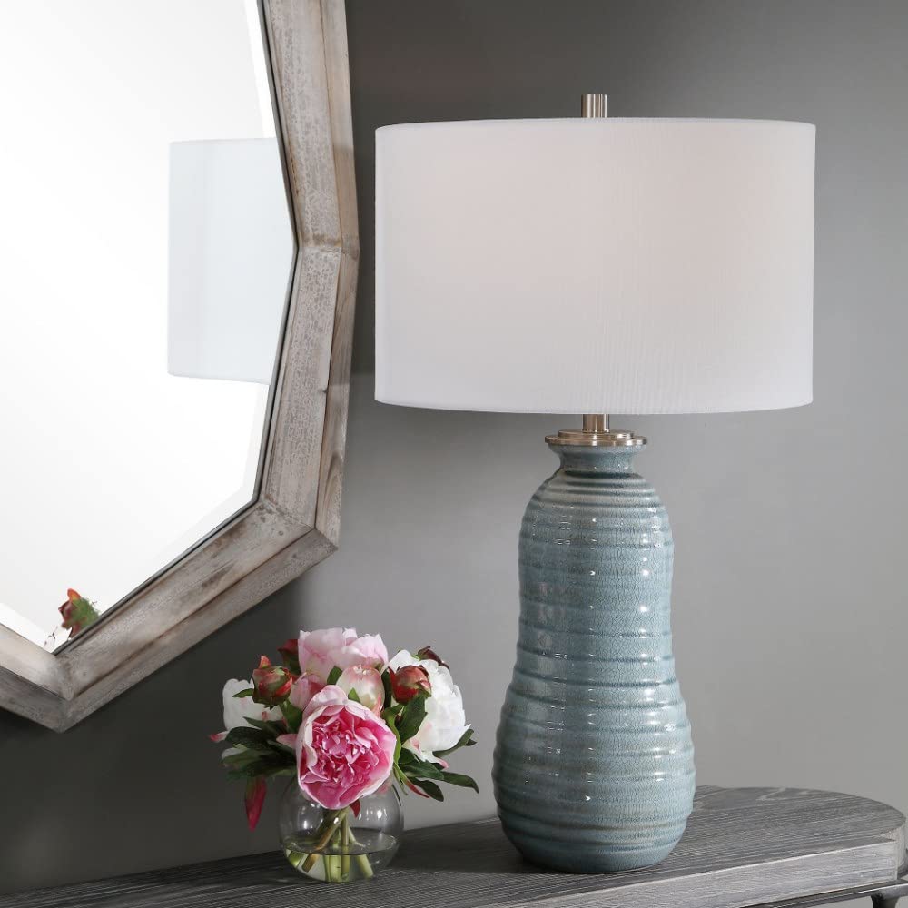 Tall Ribbed 1-Light Light Blue Ceramic Table Lamp with White Linen Drum Shade - 3-Way Switch for Bedroom, Living Room, or Office Decor