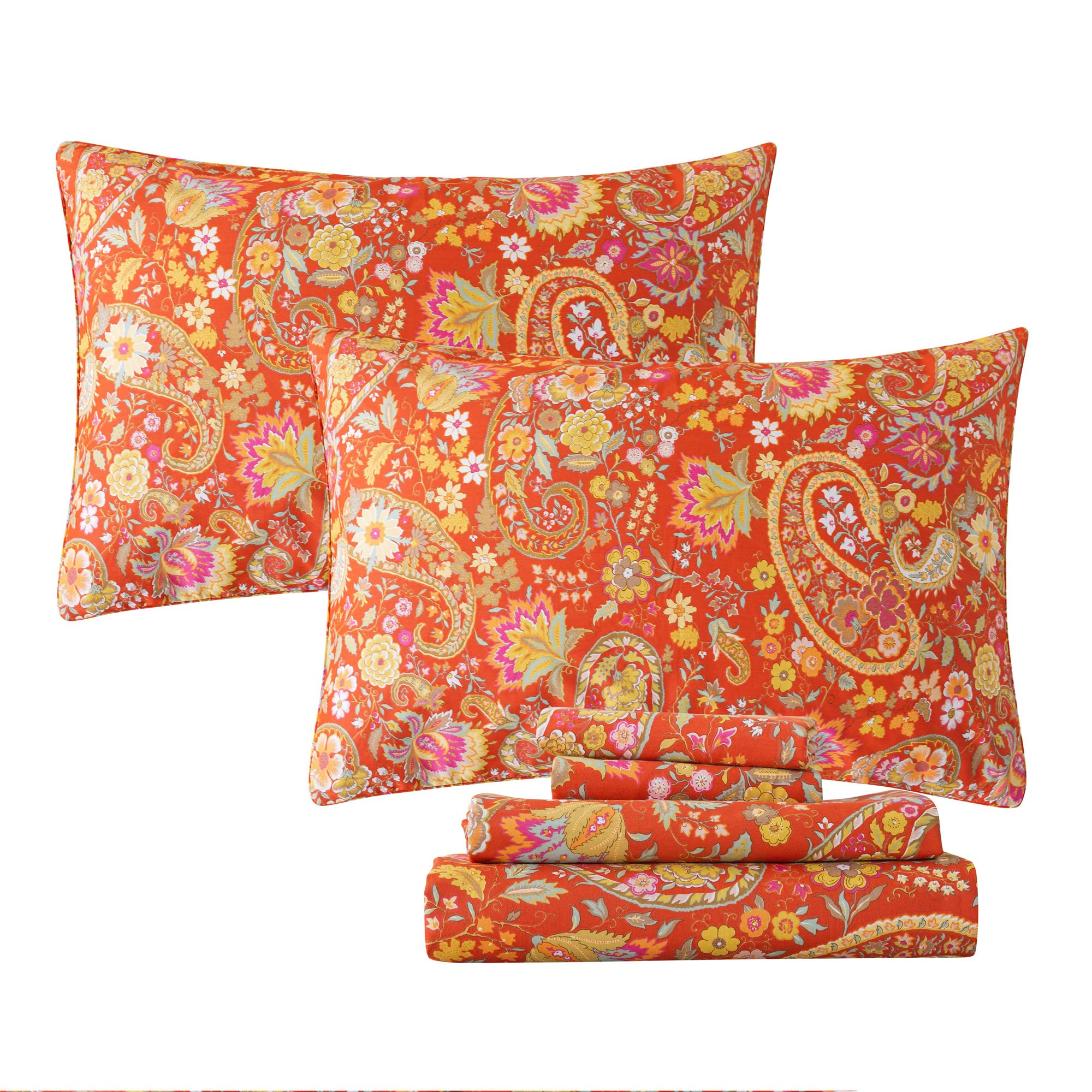FADFAY Queen Size Paisley Sheets Set - 4 Piece Bohemian Damask Bedding in Luxurious Orange, Ultra Soft Breathable Cotton with 17.5'' Deep Pocket Fitted Sheet | Perfect for Boho Chic Bedrooms, Guest Rooms & Dorm Decor