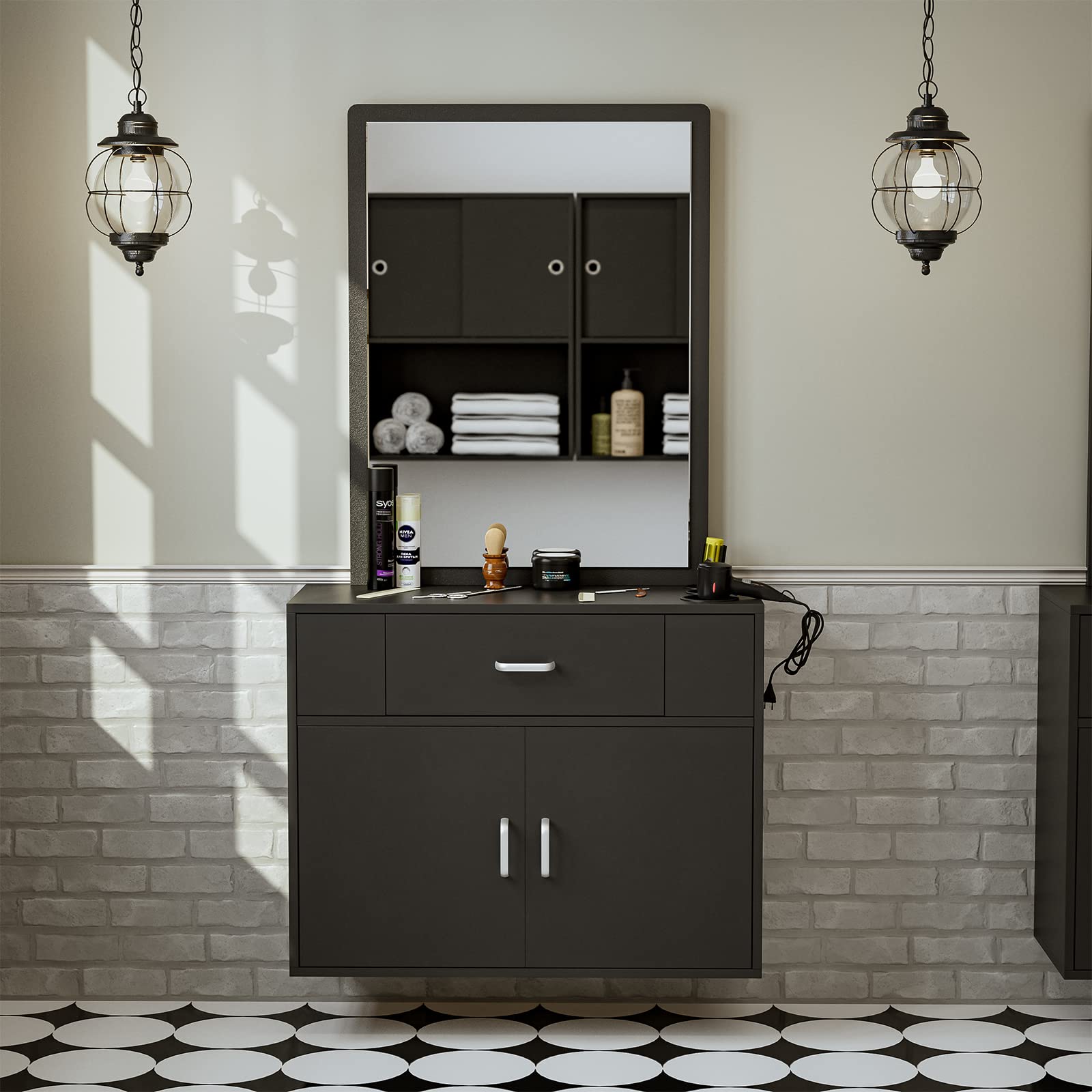 Wall Mount Salon Station with Mirror - Professional Styling & Barber Station for Spa & Salon - Includes Appliance Holders, Drawer & Storage Cabinet (Black) - Perfect for Hair Styling, Makeup Application & Salon Organization