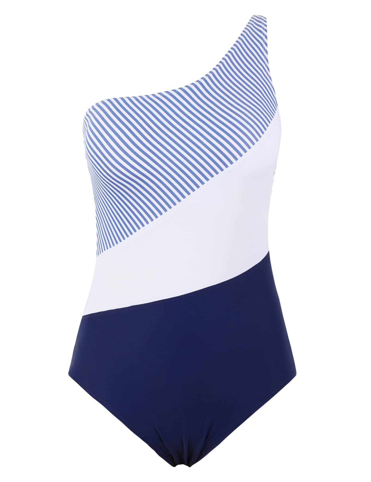 SONAFIO Women's Plus Size One Shoulder Retro Monokini Swimwear - Slimming Push Up Bathing Suit with Color Contrast Design, US Size 14 | Perfect for Beach Vacations, Pool Parties & Summer Getaways