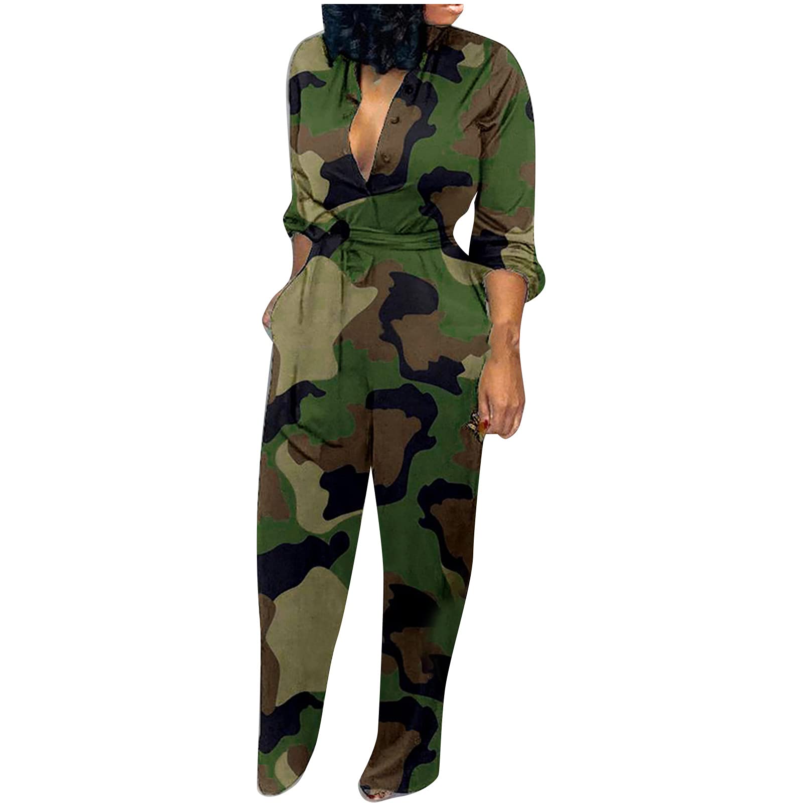 RKSTN Women's Long Sleeve Wide Leg Jumpsuit with Belt - Leopard Print Camouflage Romper for Fall Fashion | Casual Outfits, Date Night, Office Wear & Party Dresses